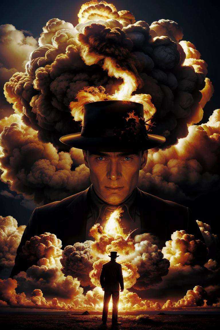 cinematic style,nuclear explosion,1boy,Cillian Murphy,silhouette,flame,solo,hat,mushroom cloud,surrounded by cloud,orange theme,outdoors,photorealistic,masterpiece,best quality,ultra highres,beautiful and detailed skin,realistic,<lora:Oppenheimer-000000:1>,