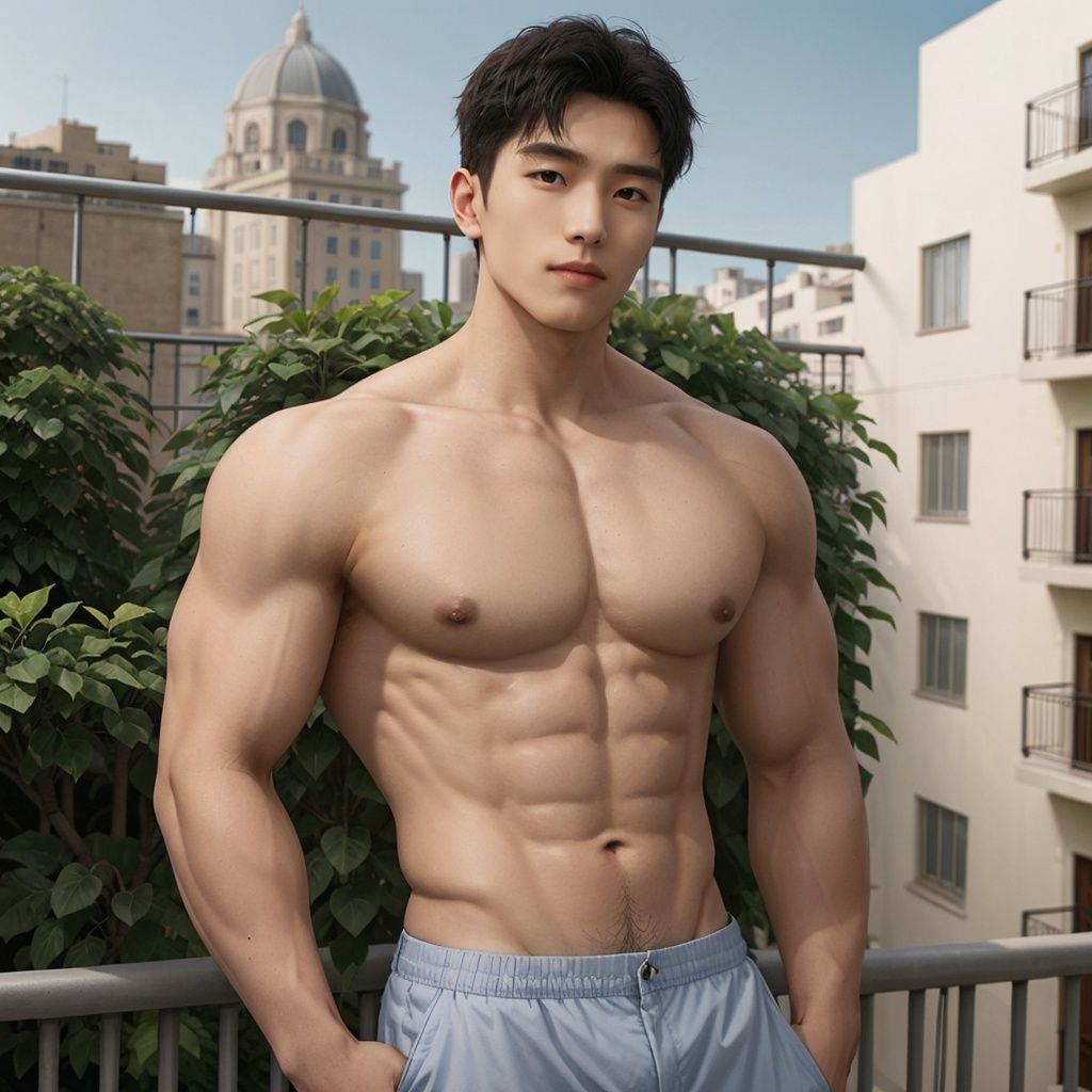 masterpiece, 1 Man, Suit, Outdoor, Light blue sky, balcony, Potted plant, White flower, Body hair, Muscular development