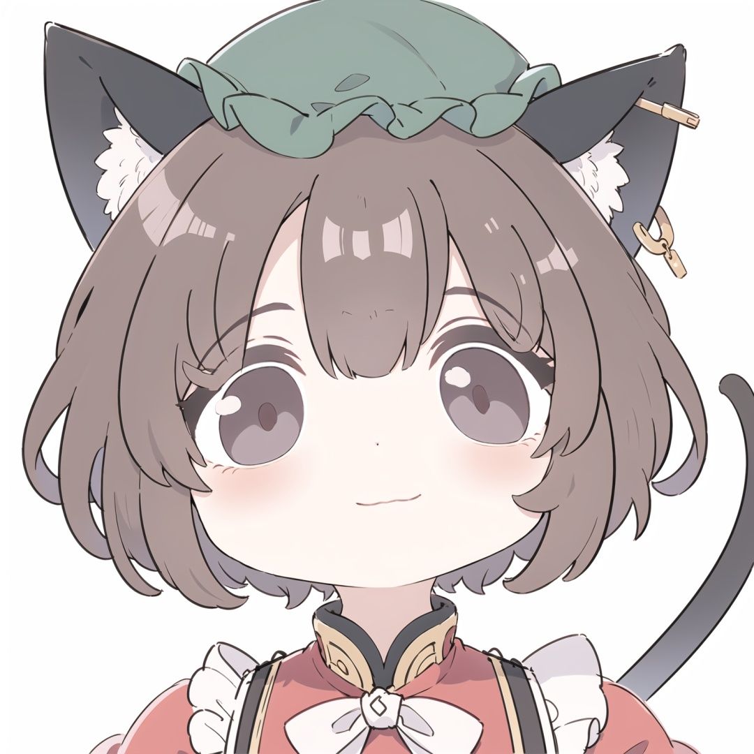 fisheye,solo,(White background:1.2),zhubi_bighead,chen,1girl,brown hair,short hair,mob cap,animal ears,earrings,tail,red dress,bow,<lora:铸币大头5:1>,<lora:chen:0.8>,