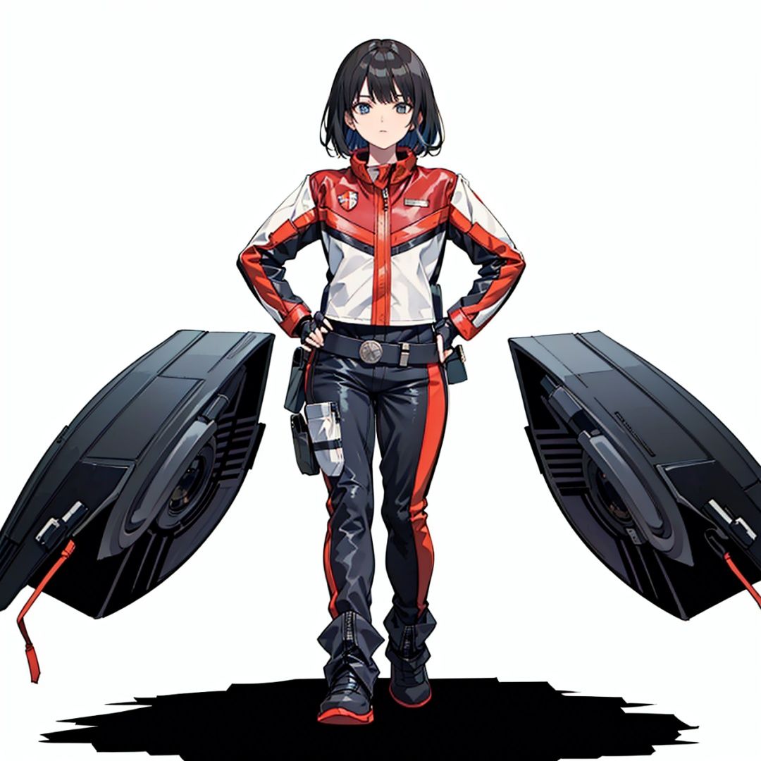 (masterpiece:1.3), (the best quality:1.2), (super fine illustrations:1.2), (Masterpiece), high quality, high detail,((white background:1.2)), looking at viewer, (SOLO:1.4),outline,,simple background,zipper, holster, jacket,gloves,fingerless gloves,helmet,uniform,armor, pants,logo,military uniform,emblem,boots,belt, red jacket