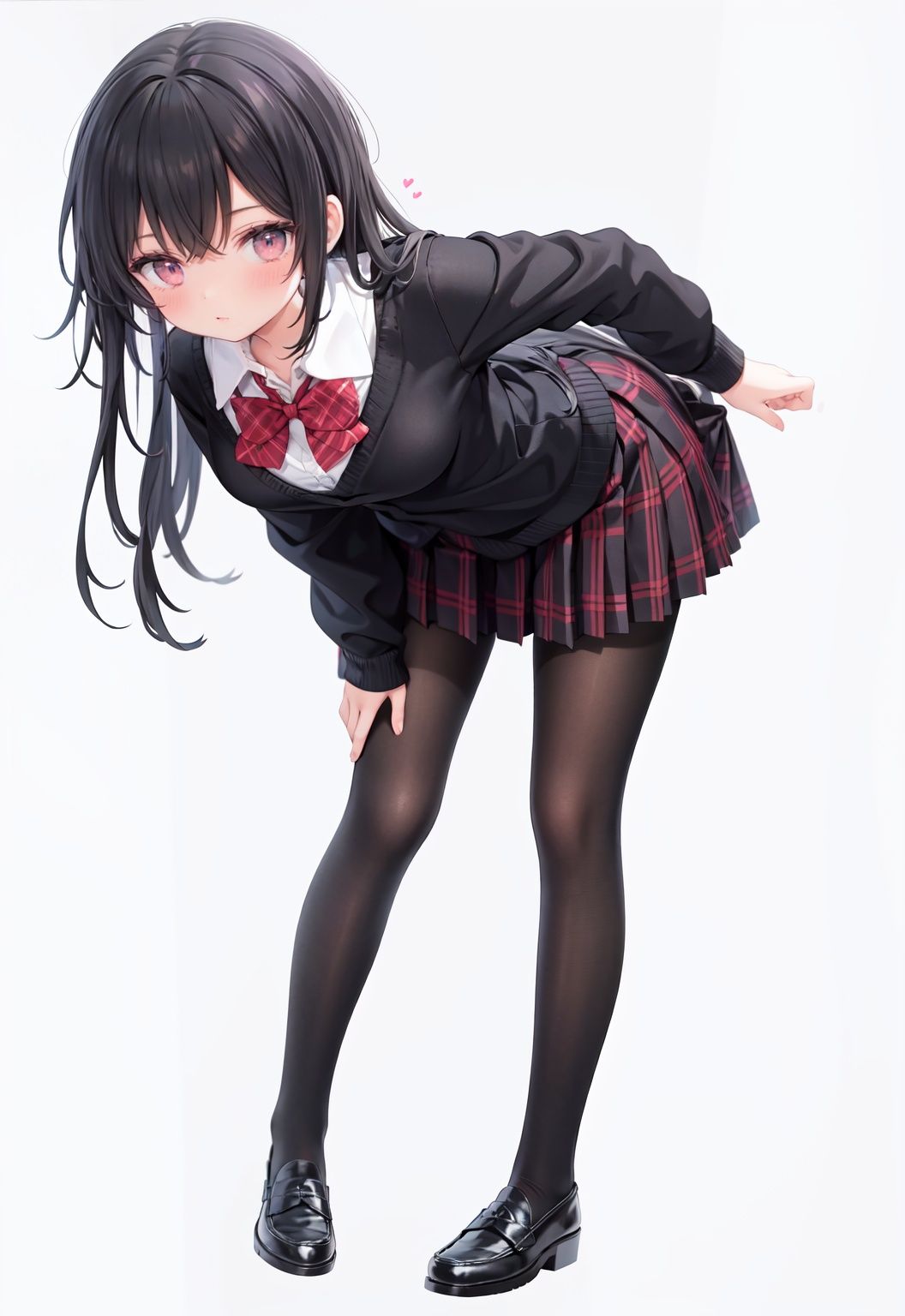 1girl, solo, pantyhose, skirt, long hair, loafers, shoes, simple background, school uniform, brown eyes, plaid, black pantyhose, plaid skirt, looking at viewer, black hair, pantyhose pull, full body, clothes pull, black footwear, pleated skirt, leaning forward, bangs, long sleeves, bent over, cardigan, bow, bowtie, standing, closed mouth, pulled by self, grey background, blush, miniskirt, red bow, sweater, **********