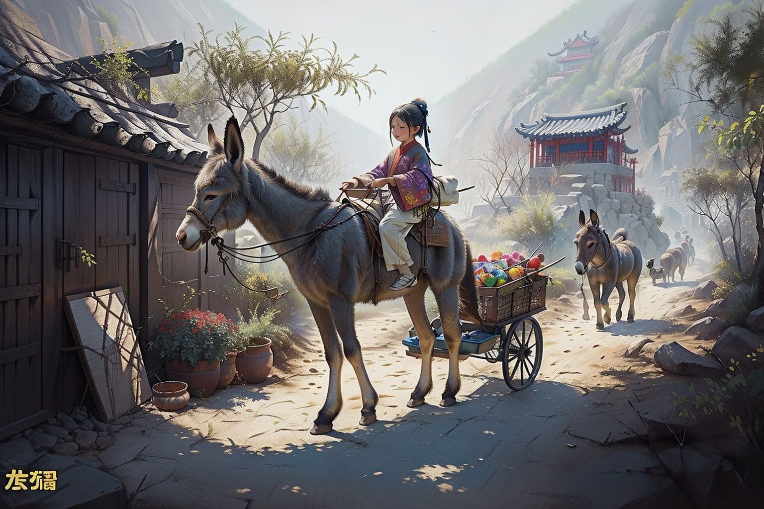 best quality,masterpiece,colorful,dynamic angle,highest detailed,<lora:ChineseWatercolorPainting-000013:0.7>,traditional chinese watercolor painting,1 girl,donkey,tree,build,carrying goods,
