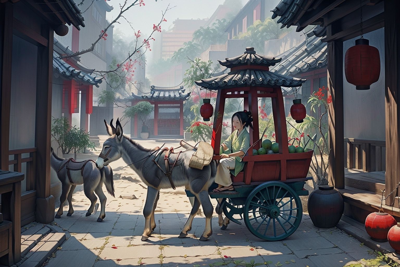 best quality,masterpiece,colorful,dynamic angle,highest detailed,<lora:ChineseWatercolorPainting-000013:0.7>,traditional chinese watercolor painting,1 girl,donkey,tree,build,cart,green leaf,the red lantern,sandal,red fruit,