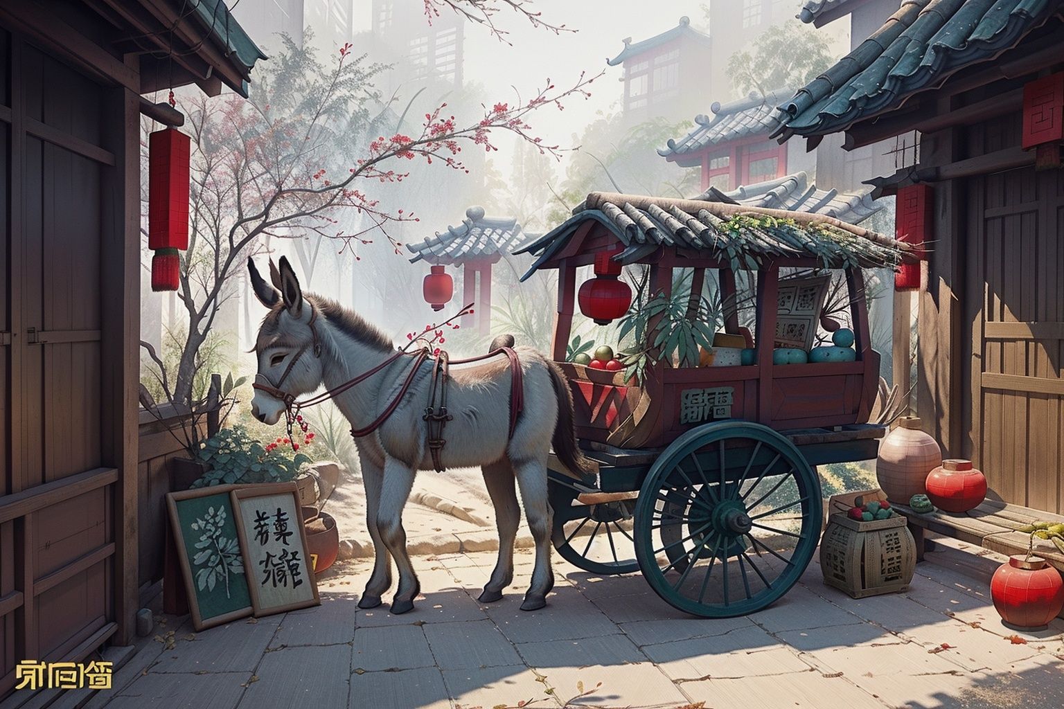 best quality,masterpiece,colorful,dynamic angle,highest detailed,<lora:ChineseWatercolorPainting-000013:0.7>,traditional chinese watercolor painting,1 girl,donkey,tree,build,cart,green leaf,the red lantern,sandal,red fruit,