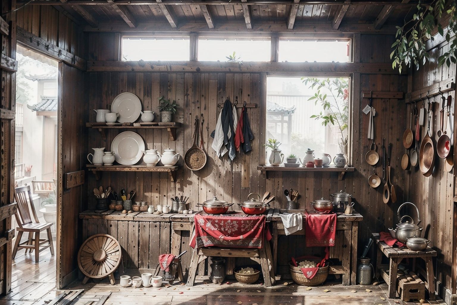 parameters: "Best quality,masterpiece,dynamic angle,highest detailed,clearness, chinese watercolor painting, indoor, kitchen, wooden spoon, rice, porcelain bowl, stove, firewood, bellows, wood hanging basket, small seasoning ****