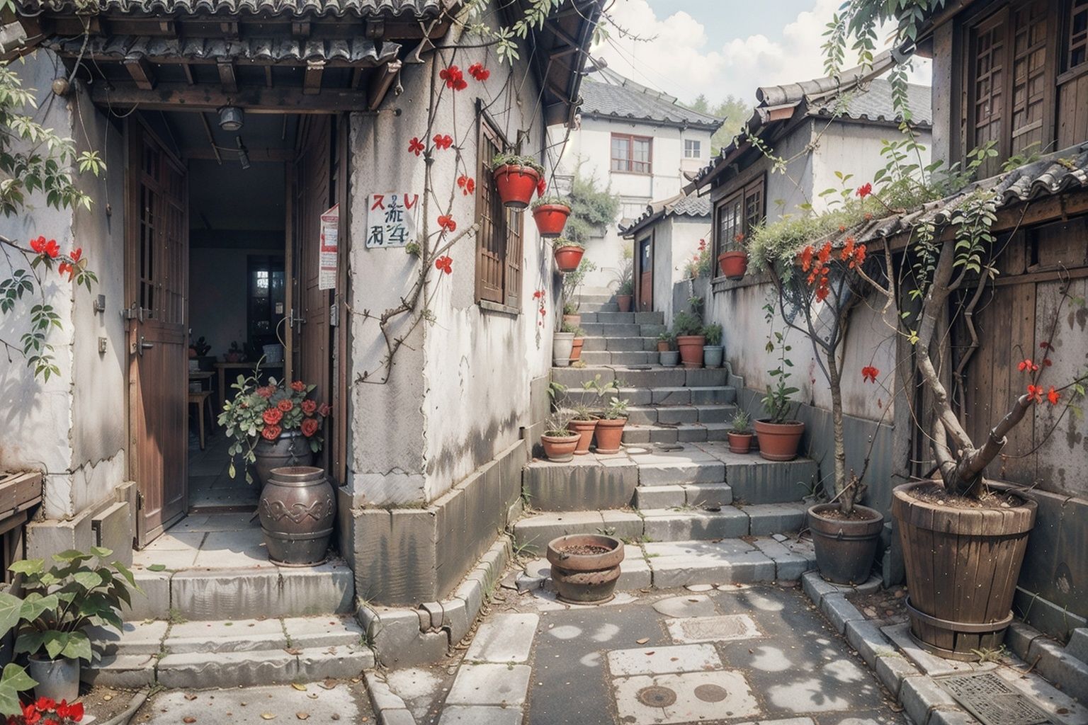 est quality, masterpiece, colorful, dynamic angle, highest detailedChineseWatercolorPaintingStreets and alleys, windows, porcelain, potted plants, buildings, steps, red flowers, weeping willows, Boston ivy