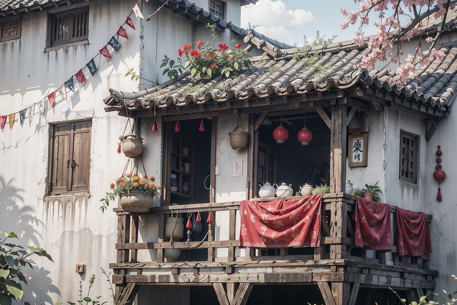 best quality, masterpiece, colorful, dynamic angle, highest detailedChineseWatercolorPainting, hanging basket, under the eaves, safflower, building, window, red pepper on the wall,Tea House,Flags fluttering