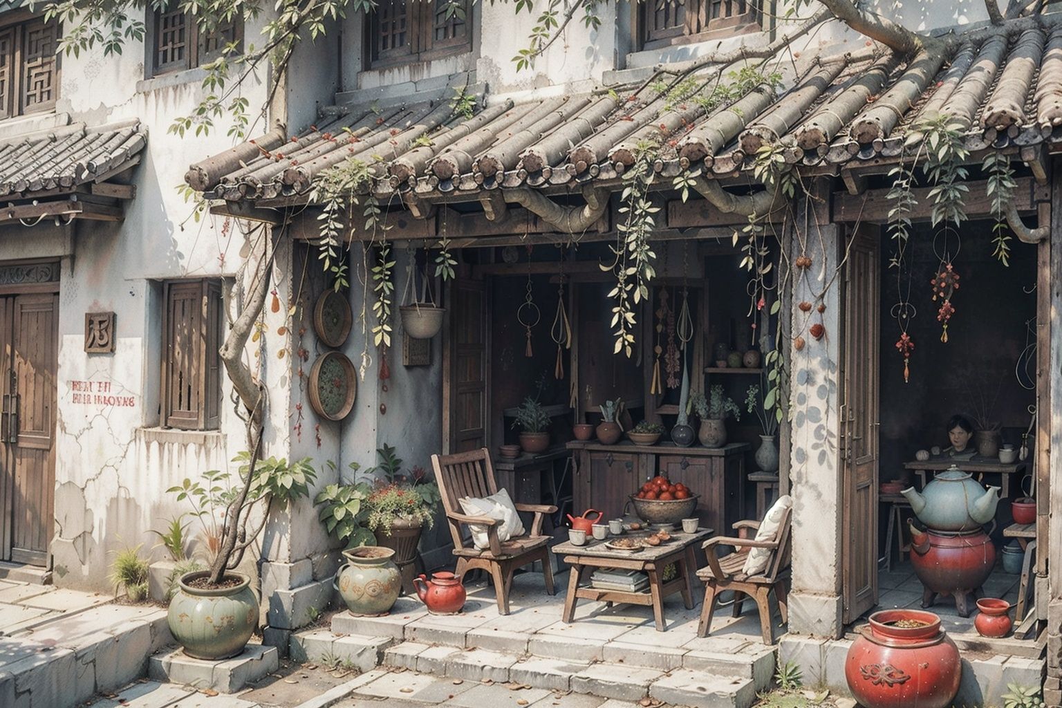 best quality,masterpiece,dynamic angle,highest detailed,(clearness:1.3)chinese watercolor paintingGreen plants, potted plants, eggplants, red chili peppers, under eaves, windows, fallen leaves, hanging baskets, teapots, stoves for lighting fires