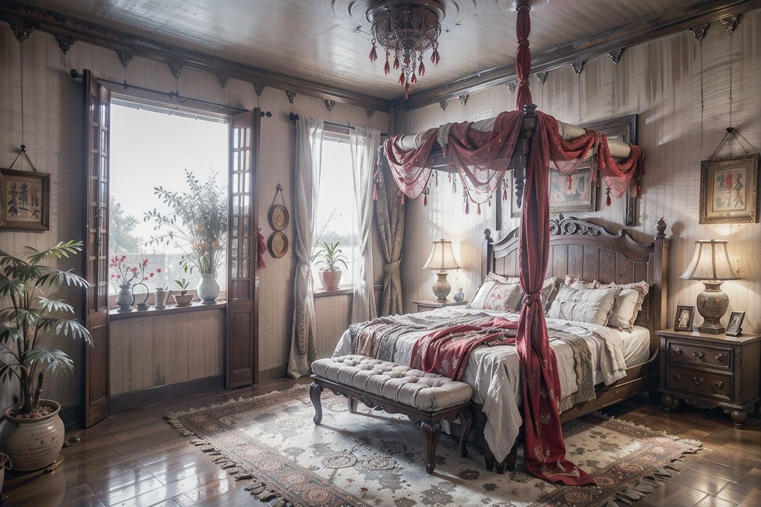 parameters: "Best quality,masterpiece,dynamic angle,highest detailed,clearness, chinese watercolor painting, indoor, eight-column six-eaves double-stepped carved queen bed, murals, pillows, cotton quilts, (mosquito nets:1.3), kerosene lamps, windows, window grilles, hanging baskets,