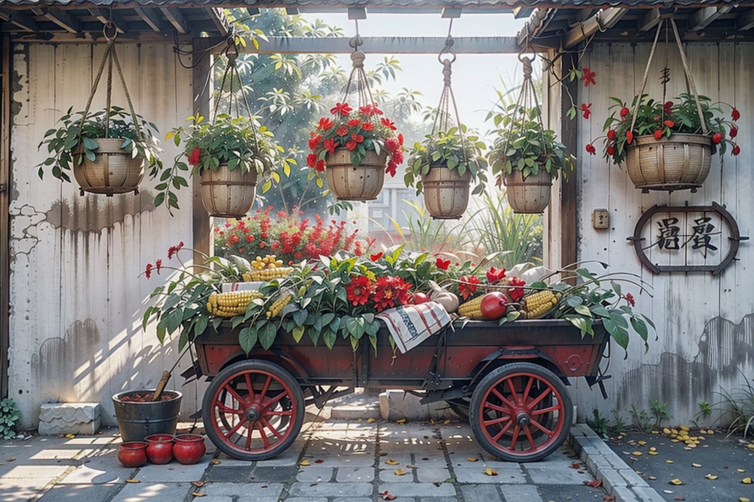 best quality,masterpiece,dynamic angle,highest detailed,(clearness:1.3),<lora:Traditional Painting-000008:0.6>,chinese watercolor painting,cart,garlic,under the roof,window,footstep,fallen leaves,(red chili peppers hanging on the wall:1.3),(corn grain:1.2),(hanging basket:1.2),