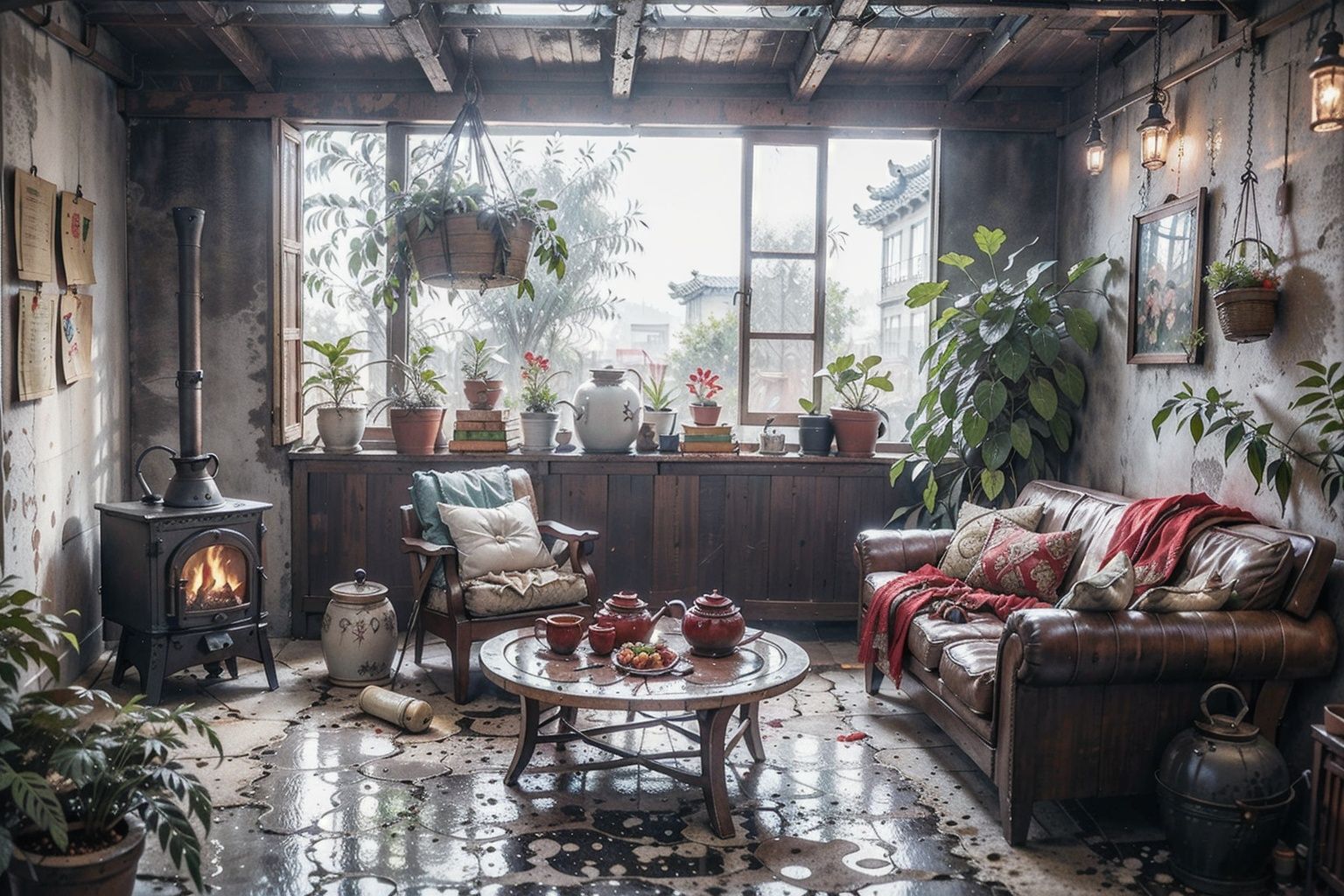 Best quality,masterpiece,dynamic angle,highest detailed,(clearness:1.3), Strong Contrast, High Color Contrastchinese watercolor paintingnight,Green plants, potted plants, eggplants, red chili peppers, indoors, windows, blankets, hanging baskets, teapots, stoves for lighting fires, wine cooler