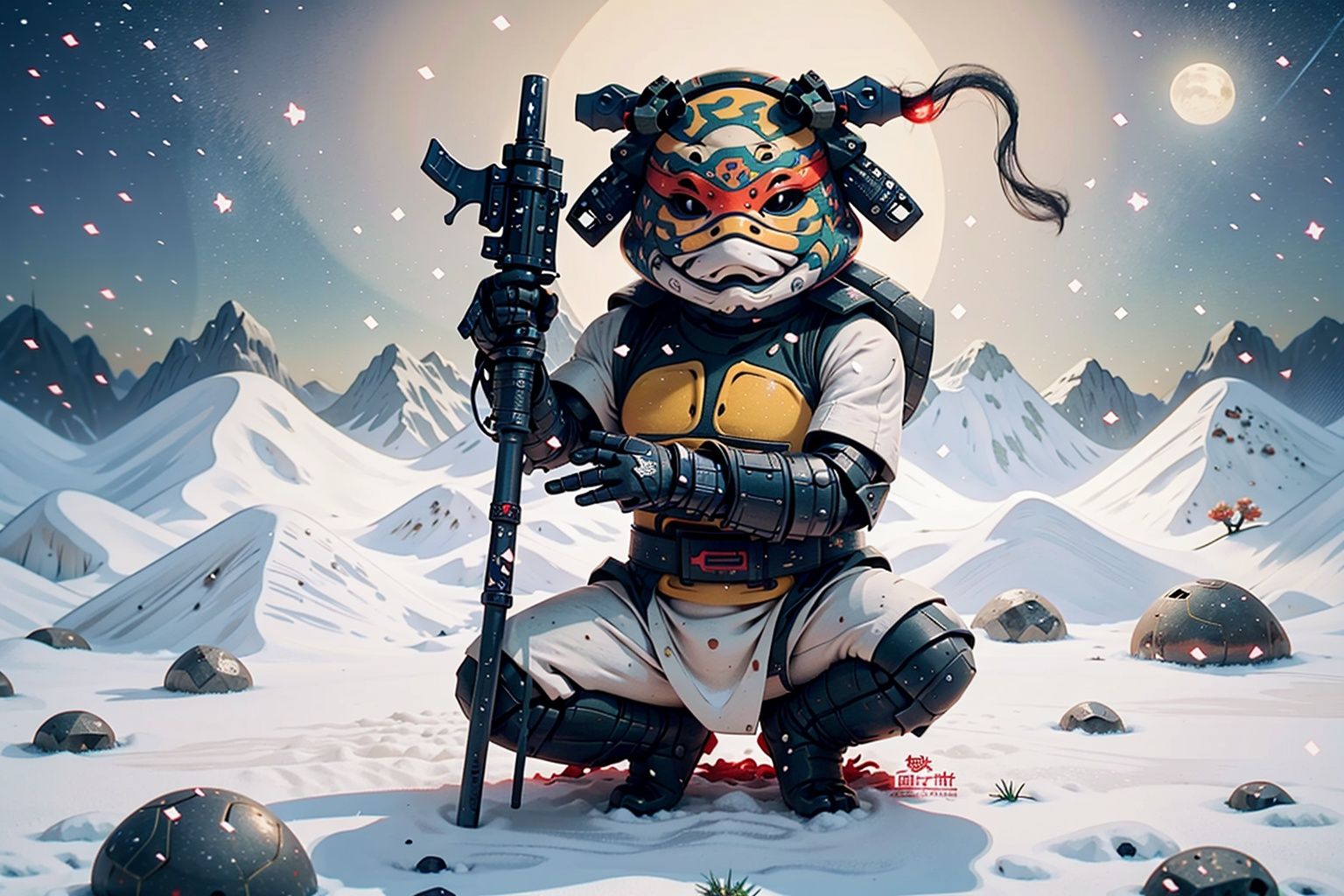 best quality,masterpiece,colorful,dynamic angle,highest detailed,<lora:Ninjaturtle-000010:1>,(ninja turtle:1.3),(weapon:1.2),(white clothes:1.3),moon background,(kneel on one knee:1.3),
