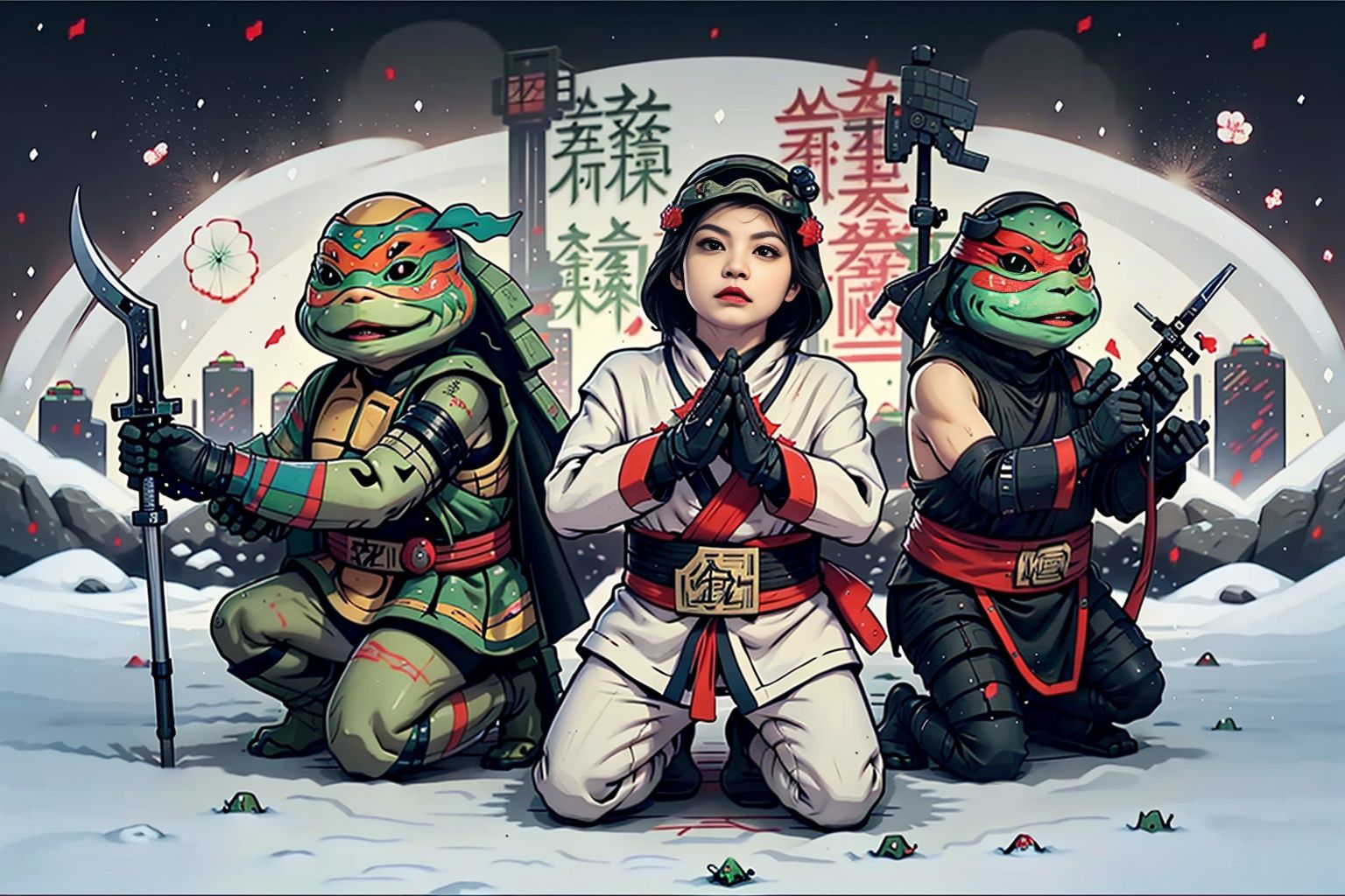 best quality,masterpiece,colorful,dynamic angle,highest detailed,<lora:Ninjaturtle-000010:1>,(3 ninja turtle:1.3),(weapon:1.2),(white clothes:1.3),moon background,(kneel on one knee:1.3),
