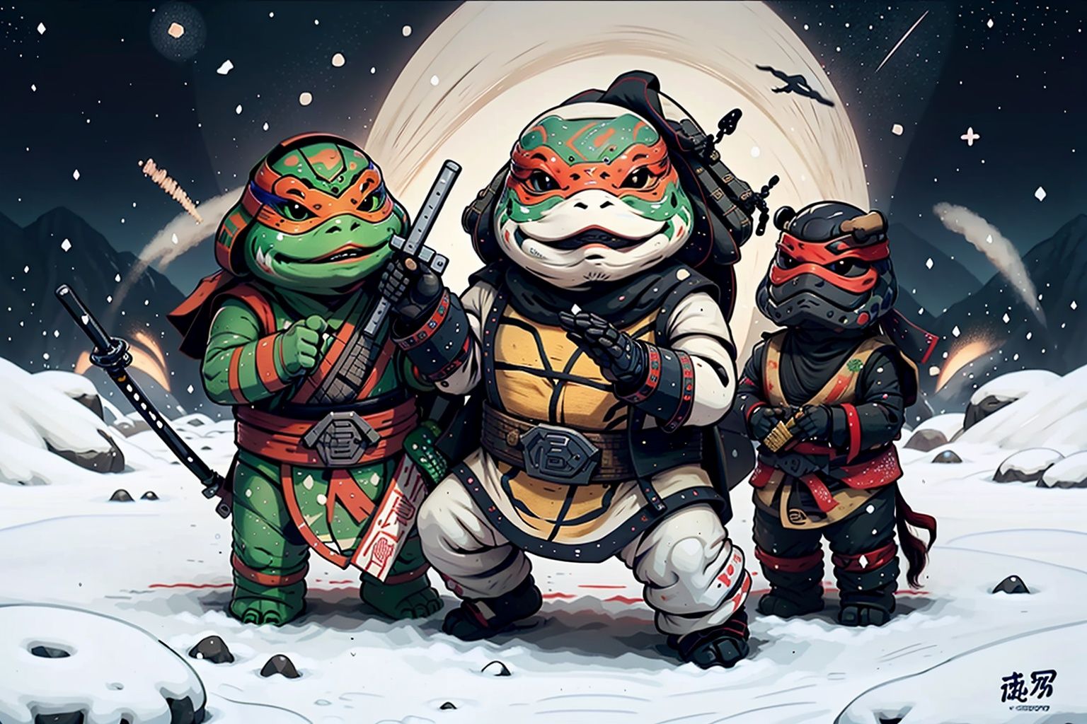 best quality,masterpiece,colorful,dynamic angle,highest detailed,<lora:Ninjaturtle-000010:1>,(3 ninja turtle:1.3),weapon,scarf,(white clothes:1.3),moon background,