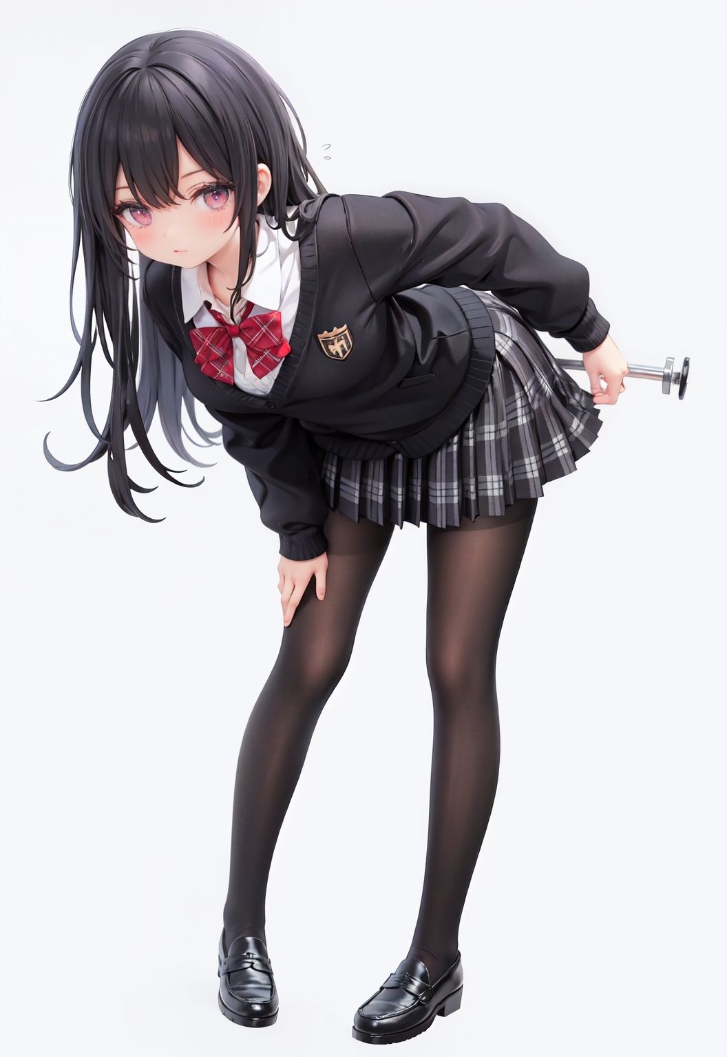 1girl, solo, pantyhose, skirt, long hair, loafers, shoes, simple background, school uniform, brown eyes, plaid, black pantyhose, plaid skirt, looking at viewer, black hair, pantyhose pull, full body, clothes pull, black footwear, pleated skirt, leaning forward, bangs, long sleeves, bent over, cardigan, bow, bowtie, standing, closed mouth, pulled by self, grey background, blush, miniskirt, red bow, sweater, **********