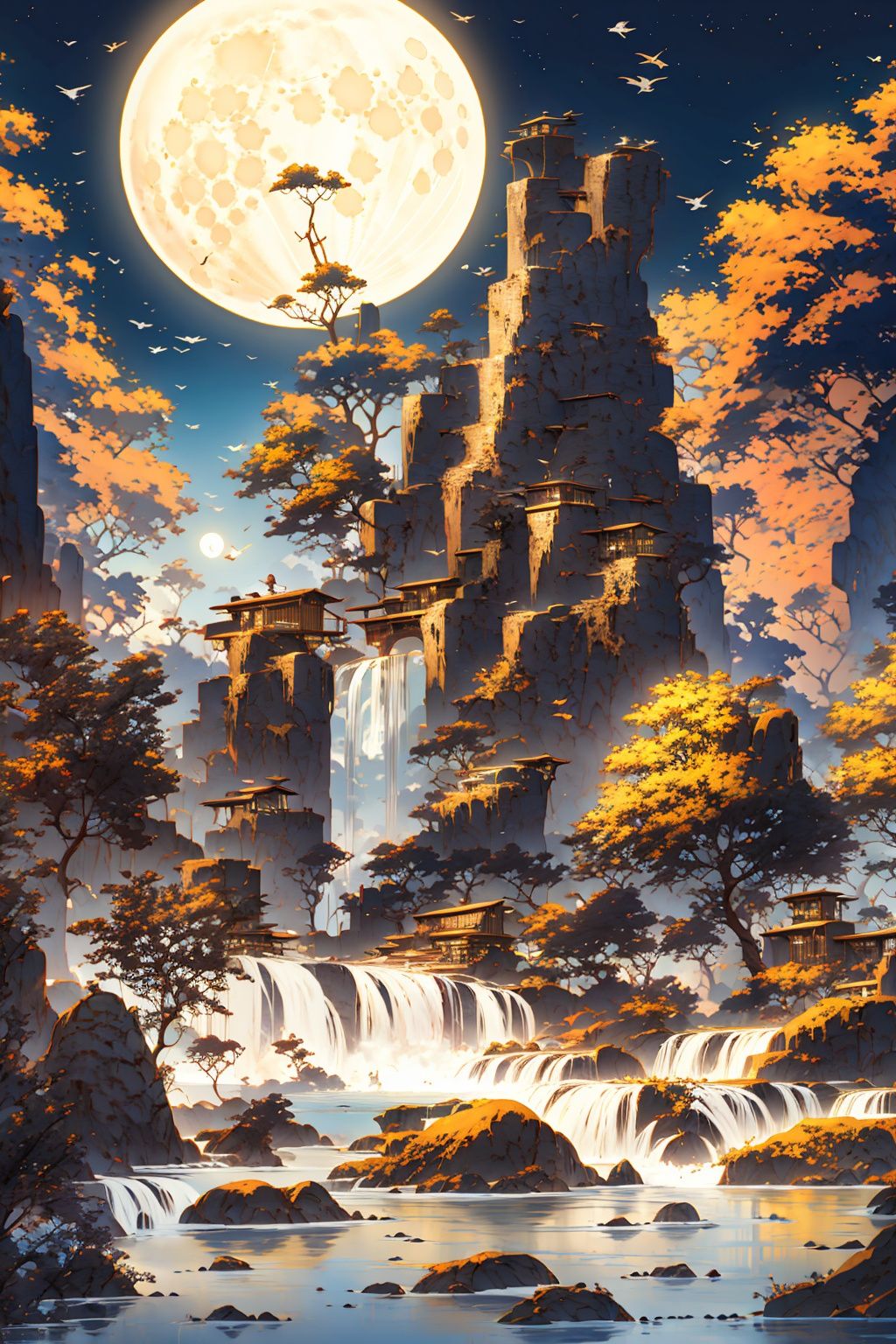 Best quality, 8k, cg,Full moon,waterfall,swallow,moutain