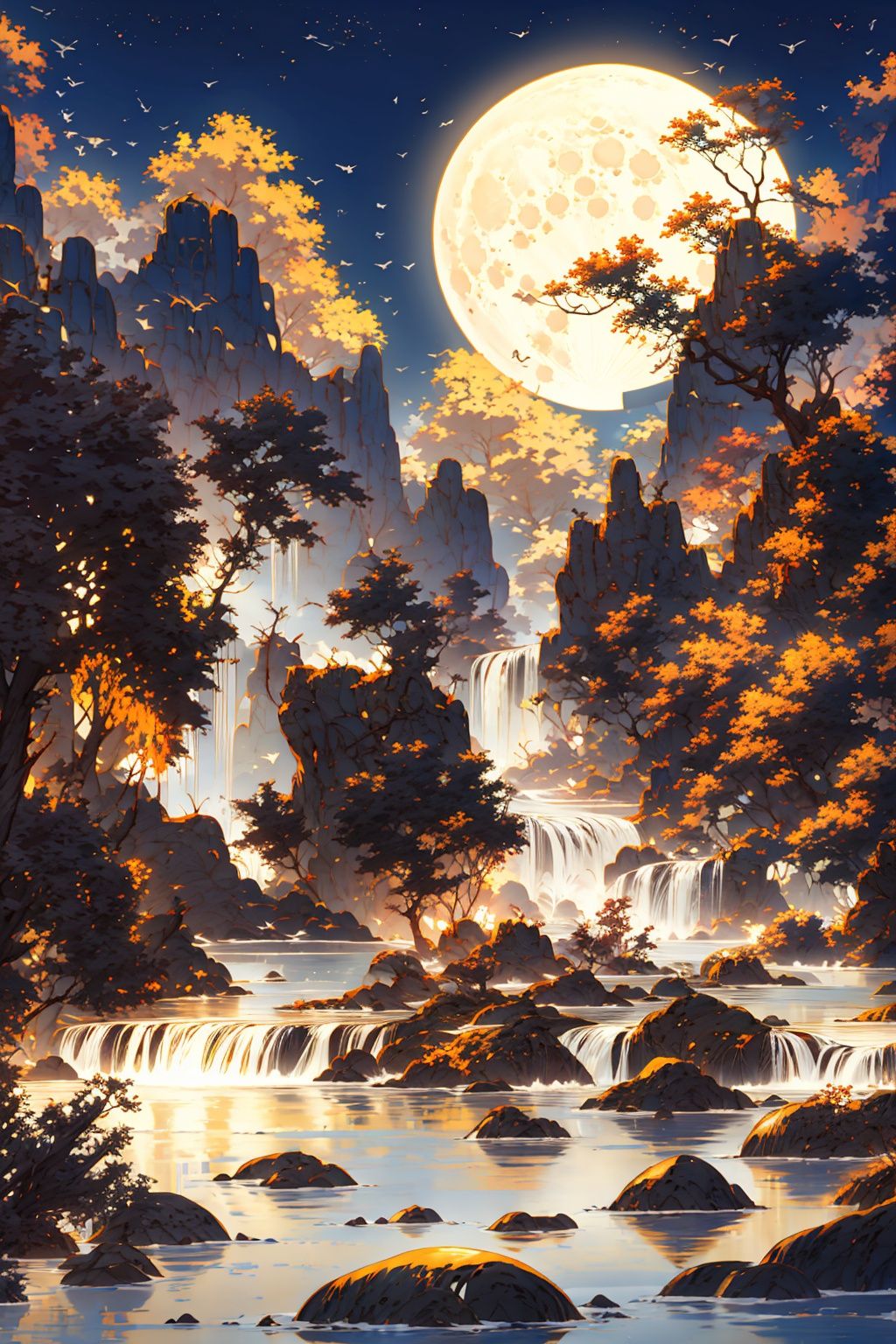 Best quality, 8k, cg,Full moon,waterfall,