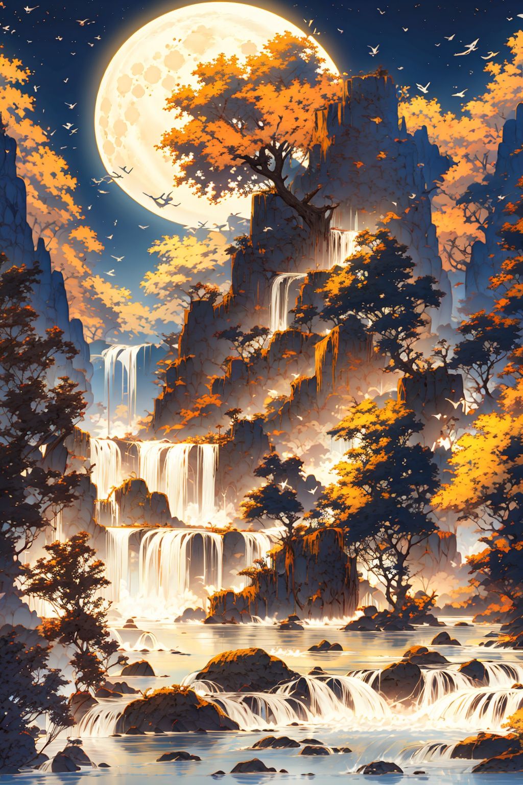 Best quality, 8k, cg,Full moon,waterfall,swallow,moutain