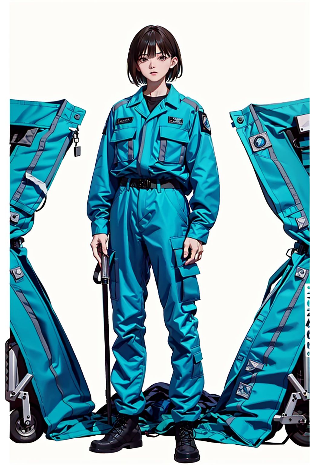 (masterpiece:1.3), (the best quality:1.2), (super fine illustrations:1.2), (Masterpiece), high quality, high detail,((white background:1.2)), looking at viewer, (SOLO:1.4),outline,,simple background,boots, emblem, police uniform, military uniform, pants, blue jacket, logo, helmet, uniform, belt, hat, military