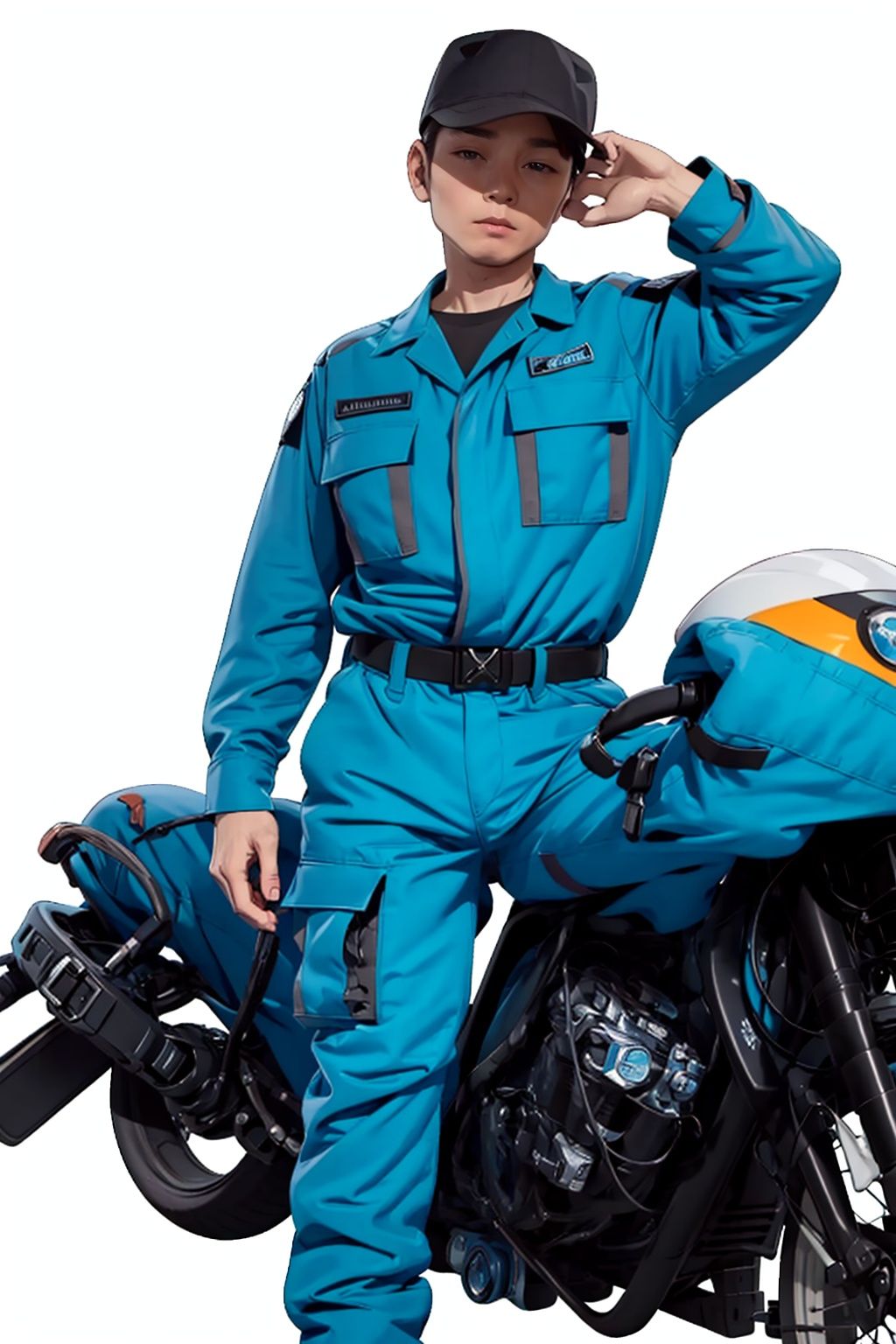 (masterpiece:1.3), (the best quality:1.2), (super fine illustrations:1.2), (Masterpiece), high quality, high detail,((white background:1.2)), looking at viewer, (SOLO:1.4),outline,,simple background,boots, emblem, police uniform, military uniform, pants, blue jacket, logo, helmet, uniform, belt, hat, military 