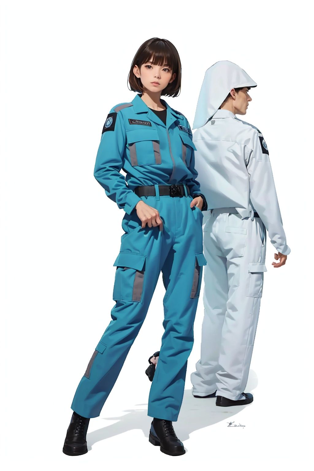 (masterpiece:1.3), (the best quality:1.2), (super fine illustrations:1.2), (Masterpiece), high quality, high detail,((white background:1.2)), looking at viewer, (SOLO:1.4),outline,,simple background,boots, emblem, police uniform, military uniform, pants, blue jacket, logo, helmet, uniform, belt, hat, military 