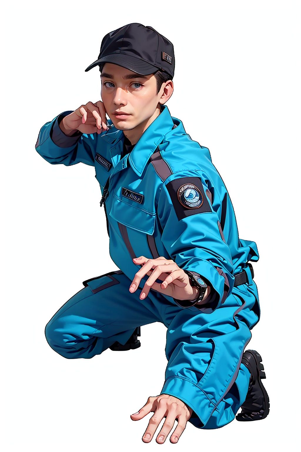 (masterpiece:1.3), (the best quality:1.2), (super fine illustrations:1.2), (Masterpiece), high quality, high detail,((white background:1.2)), looking at viewer, (SOLO:1.4),outline,,simple background,boots, emblem, police uniform, military uniform, pants, blue jacket, logo, helmet, uniform, belt, hat, military 