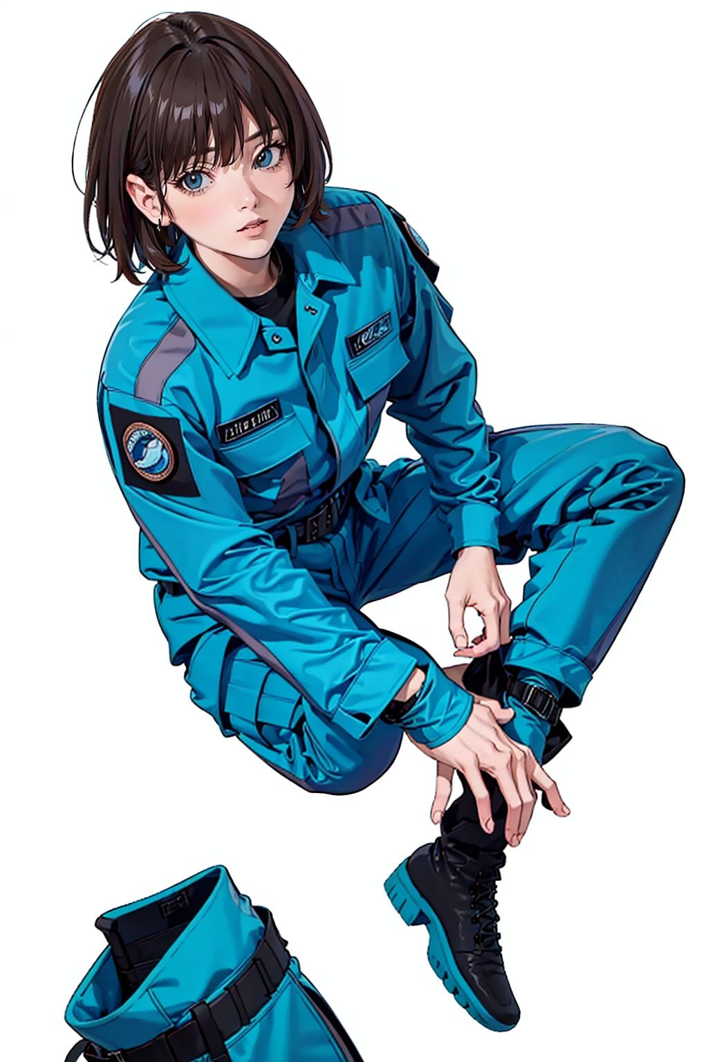 (masterpiece:1.3), (the best quality:1.2), (super fine illustrations:1.2), (Masterpiece), high quality, high detail,((white background:1.2)), looking at viewer, (SOLO:1.4),outline,,simple background,boots, emblem, police uniform, military uniform, pants, blue jacket, logo, helmet, uniform, belt, hat, military 