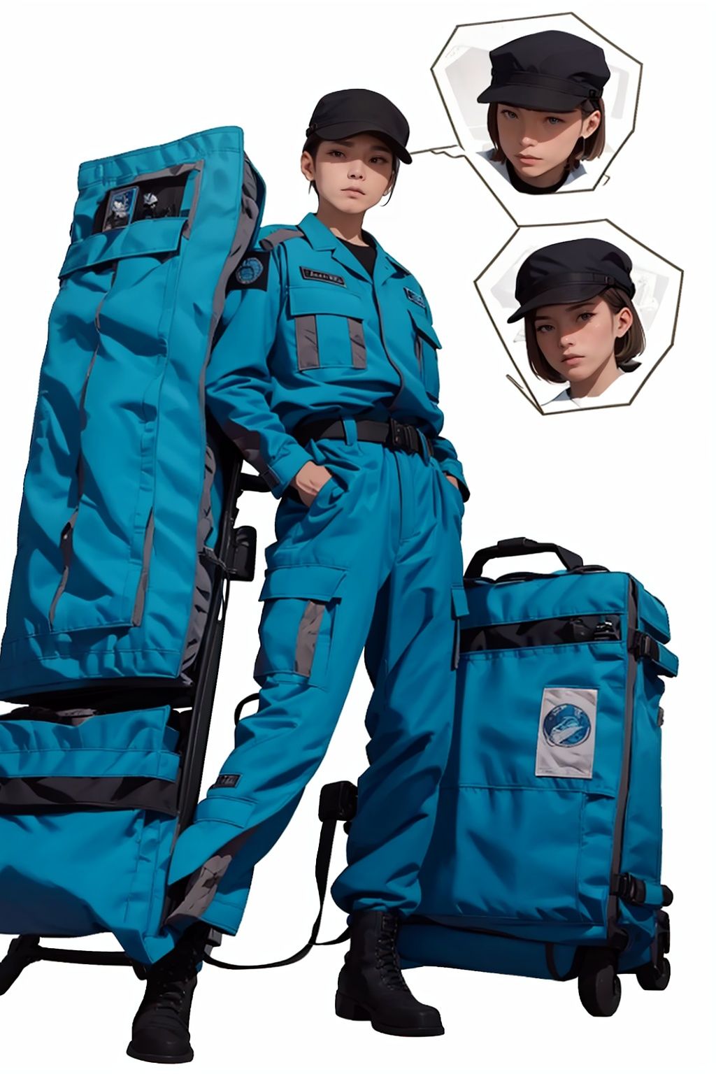 (masterpiece:1.3), (the best quality:1.2), (super fine illustrations:1.2), (Masterpiece), high quality, high detail,((white background:1.2)), looking at viewer, (SOLO:1.4),outline,,simple background,boots, emblem, police uniform, military uniform, pants, blue jacket, logo, helmet, uniform, belt, hat, military 