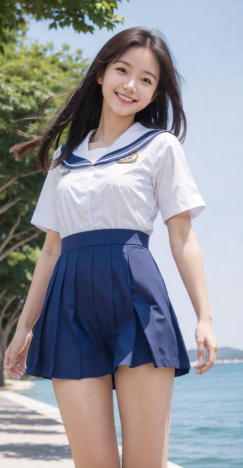 1girl, solo,from below,blue sky,smile,sailor suit,sailor  dress, shirt, looking at viewer,