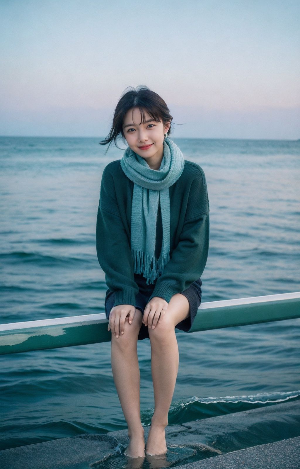8K,raw,from below,1gril,solo,full body,long legs,sweater,Dark green scarf,sea,The glimmer of the sea,KODAK Ektar 100,(Film grain:1.2),light particles,looking at viewer, earrings