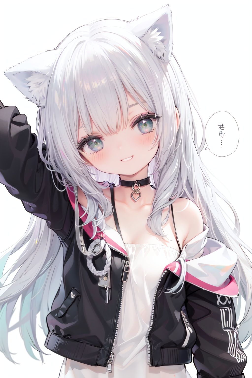 1girl,  solo,  green eyes,  smile,  long hair,  cat ears,  looking at viewer,  animal ears,  white background,  simple background,  bangs,  silver hair,  upper body,  speech bubble,  jacket,  black jacket,  head tilt,  bare shoulders,  eyebrows visible through hair,  off shoulder,  half-closed eyes,  grin,  arm up,  collarbonereflection light