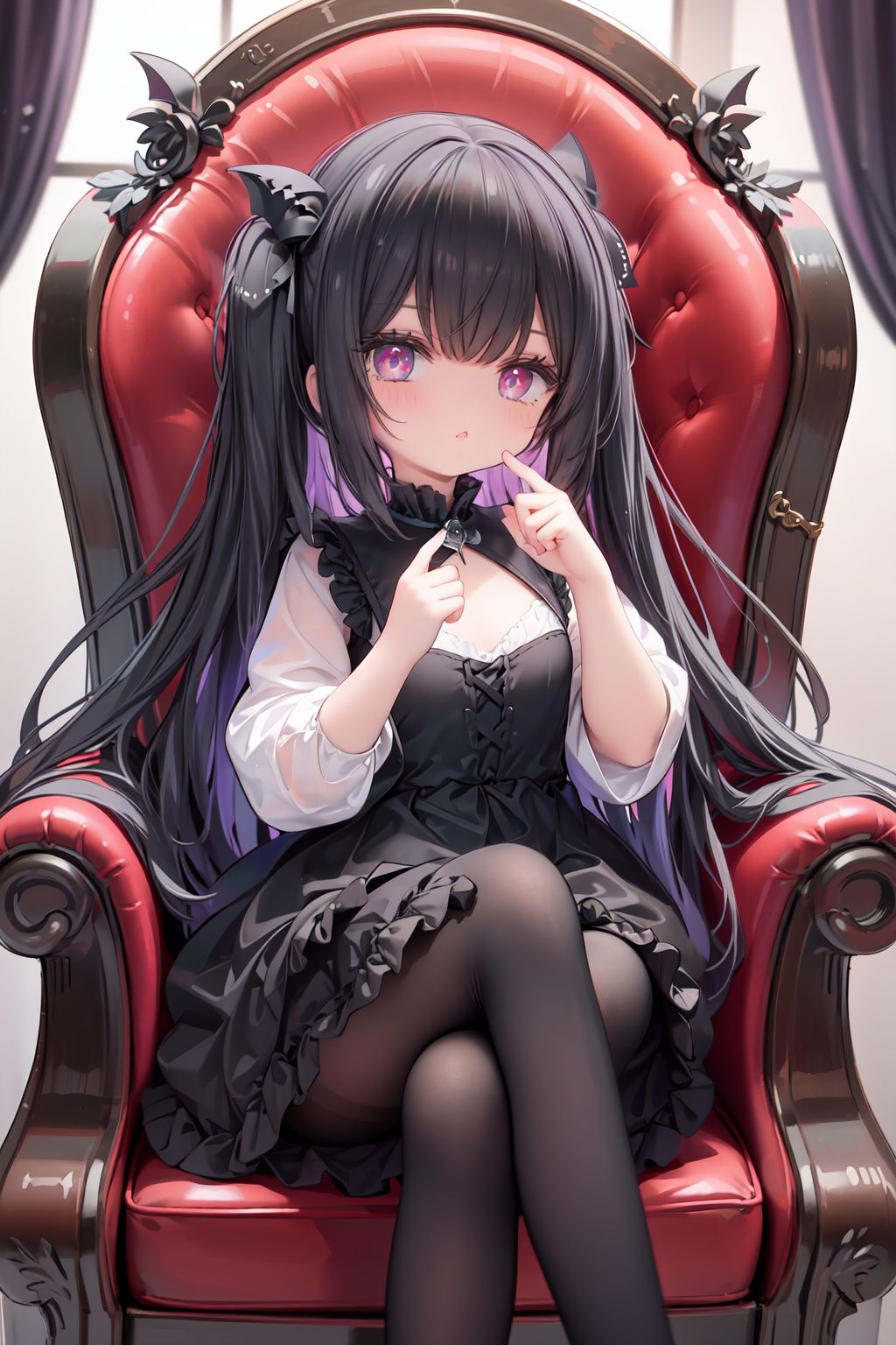 masterpiece, ((best quality)), (ultra-detailed), (illustration), an extremely delicate and beautiful girl, dynamic angle, chromatic aberration, ((colorful)),//,1girls,loli,(petite child:1.1),//,(in Gothic castle),girl with black hair,red eyes,Vertical pupil,long hair,hair arrangement,(Detailed face description),(batwing),(Gothic Lolita),(bat tail),alccandlestick,Cathedral glass,,short skirt,black pantyhose,red lace,high heels,rose tattoo,throne,sitting,crossed legs,//,