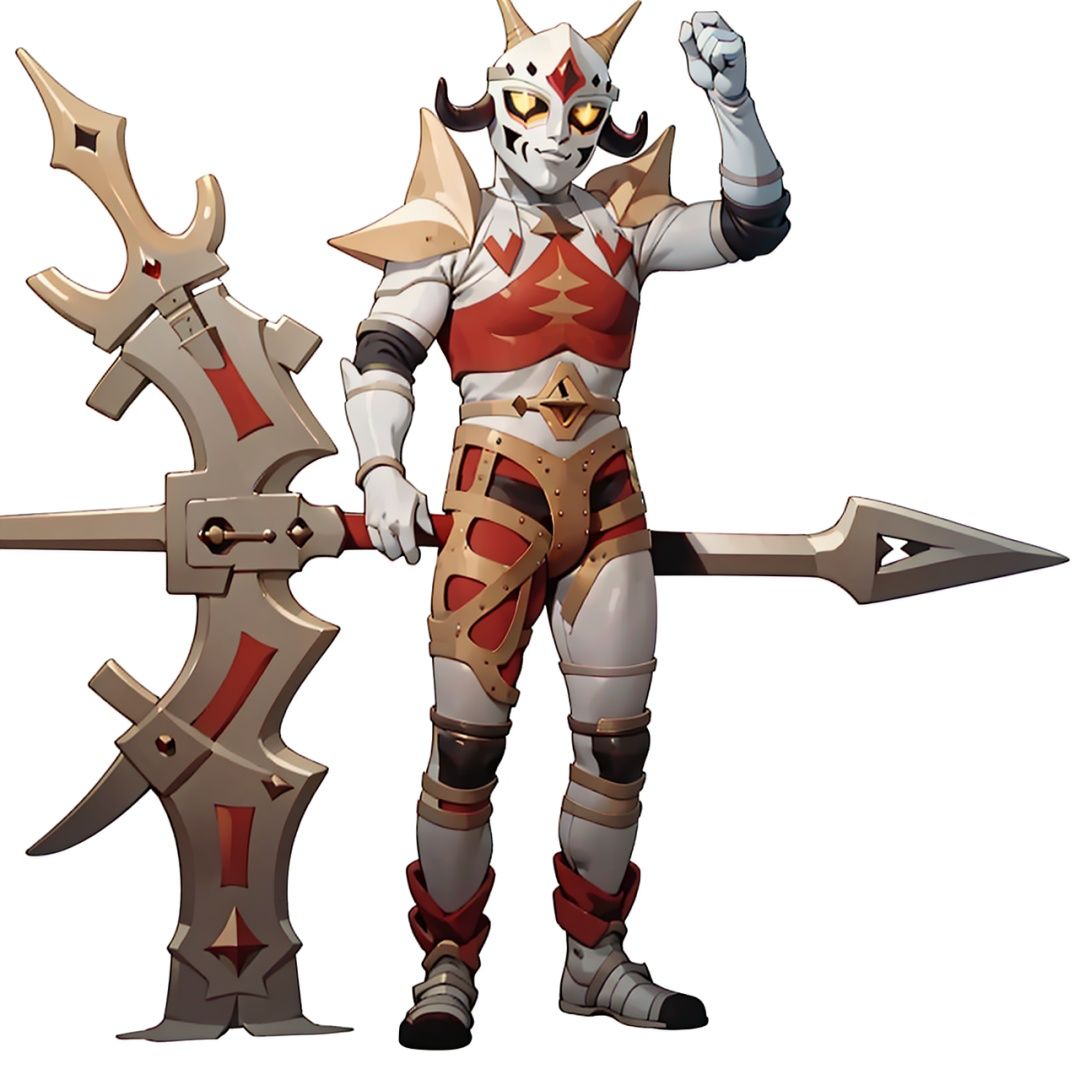 (masterpiece:1.3), (the best quality:1.2), (super fine illustrations:1.2), (Masterpiece), high quality, high detail,((white background:1.2)), looking at viewer, (SOLO:1.4),outline,,simple background,weapon, horns, helmet, horned helmet, armor