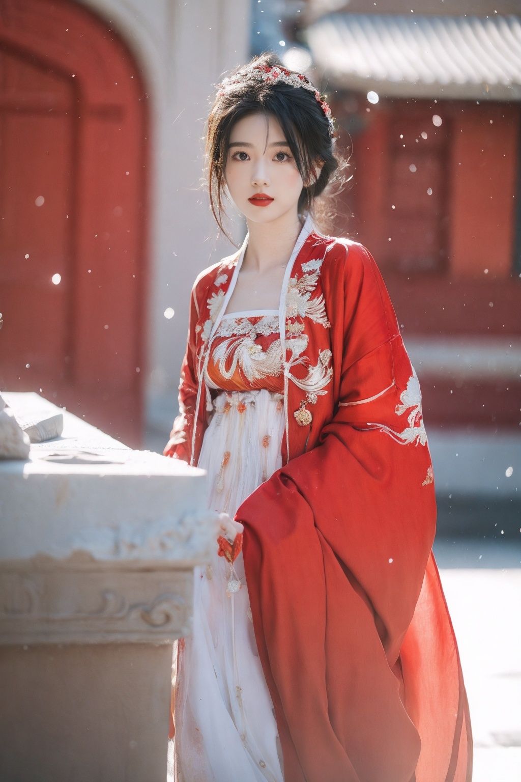 Blur, depth of field,arien_hanfu,1girl,red style,looking at viewer,sunlight, snow, hanfu,full body, lake,  <lora:hanfu_dress3-000005:0.8>