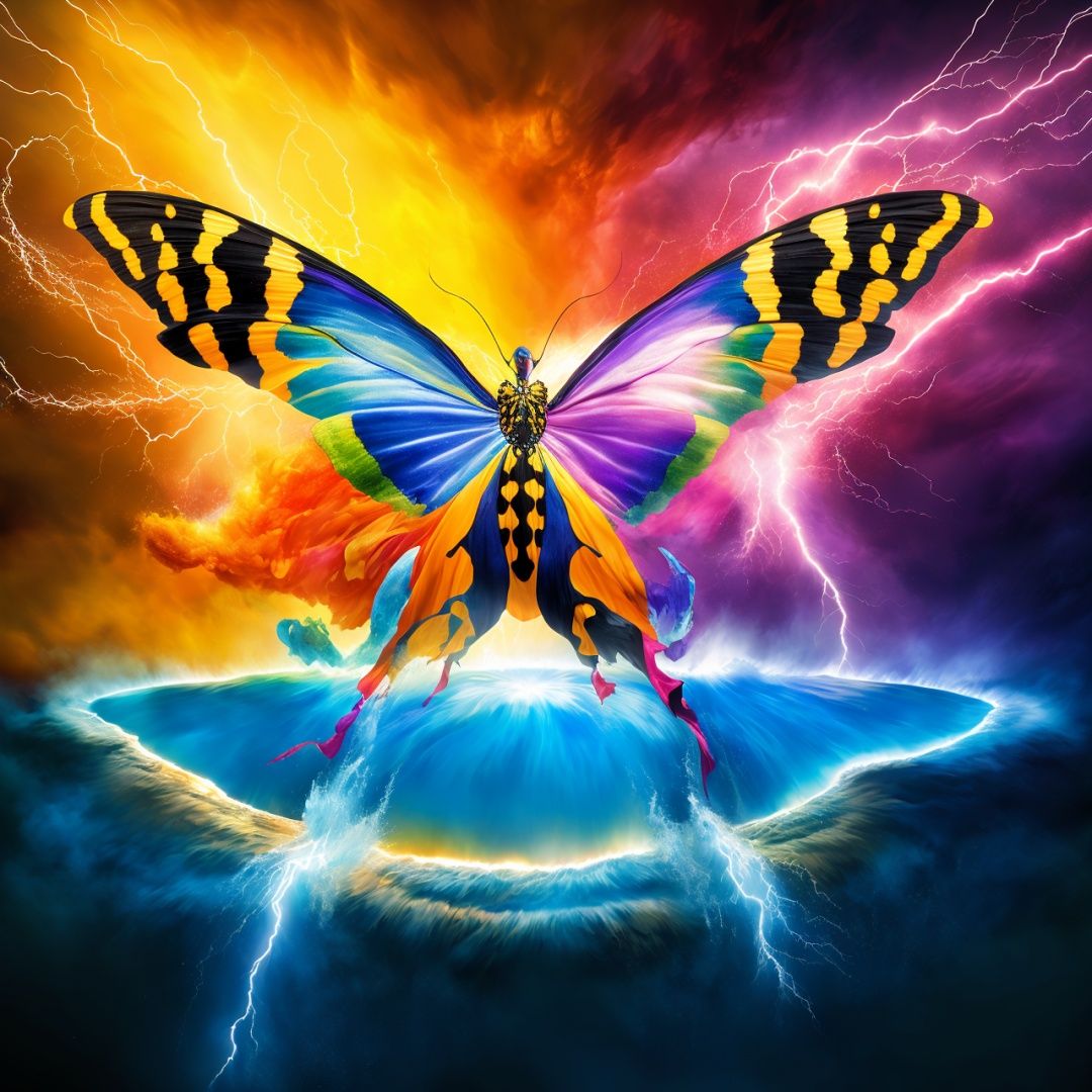 A thunder Colorful Butterfly formed by lightning dances in the disk,intricate details, explosion, chaos, lightning, debris, 8k, hyper detailed, magical and epic, epic light, concept and film art, t-shirt design, the most perfect and beautiful image ever created. Image taken with the Sony A7SIII camera. 8k photo cinematic, cinematic, photo, typography,Splash