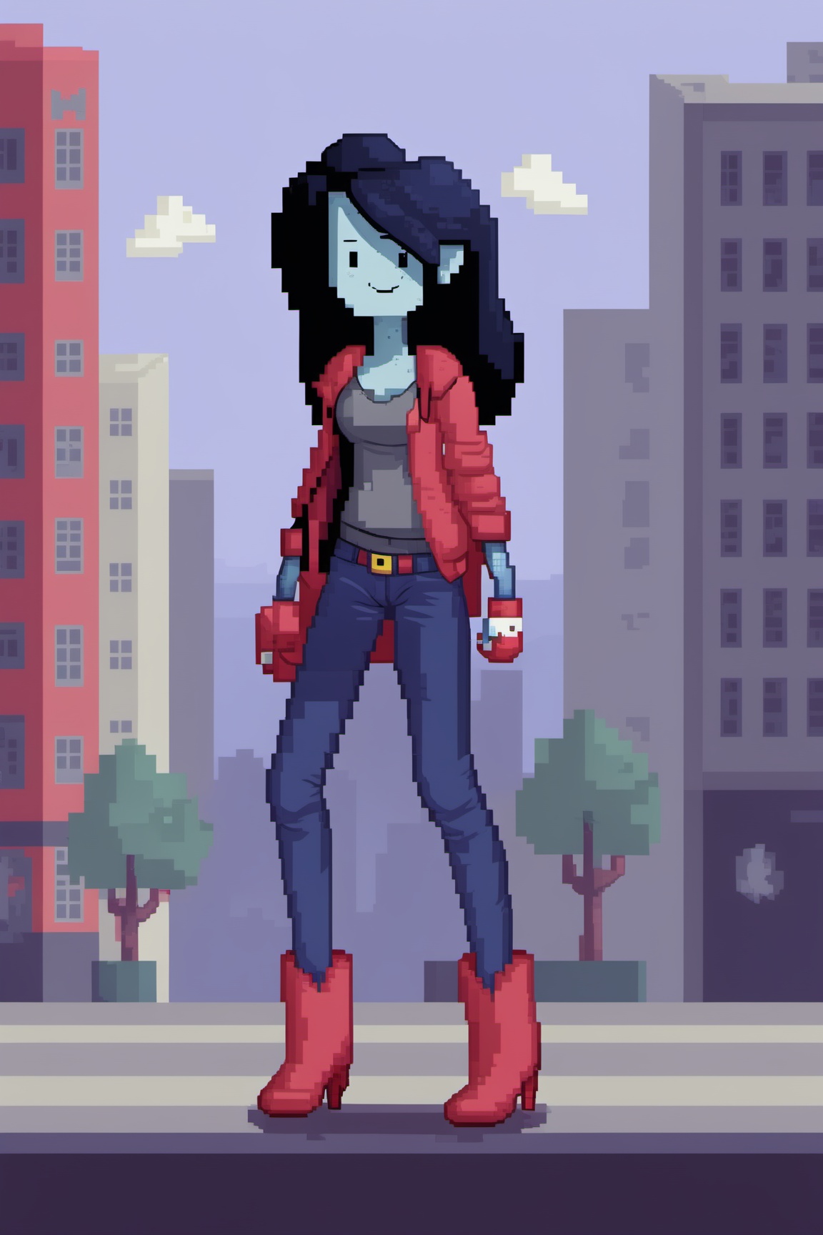 Full body Pixel art style image of Marceline from Adventure Time wearing casual clothing,  pixel style,  In a city on Tens...