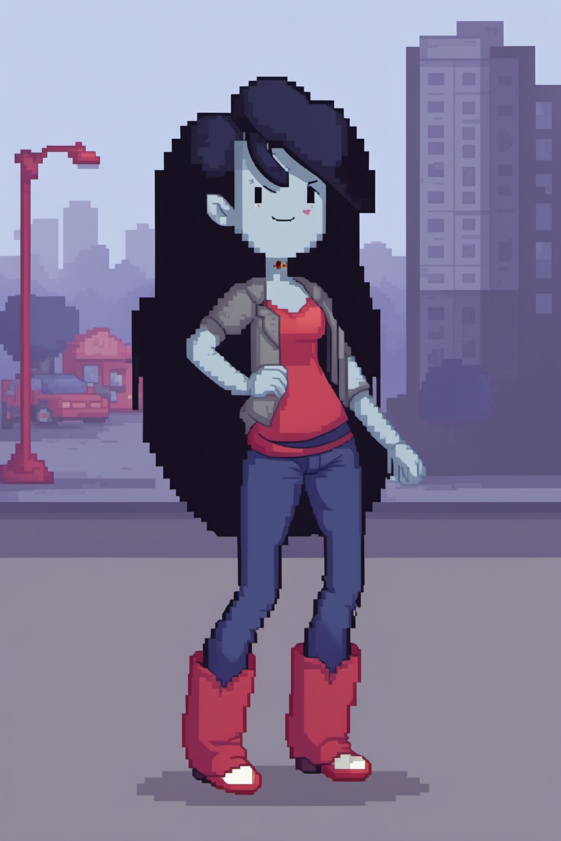 Full body Pixel art style image of Marceline from Adventure Time wearing casual clothing,  pixel style,  In a city on Tens...