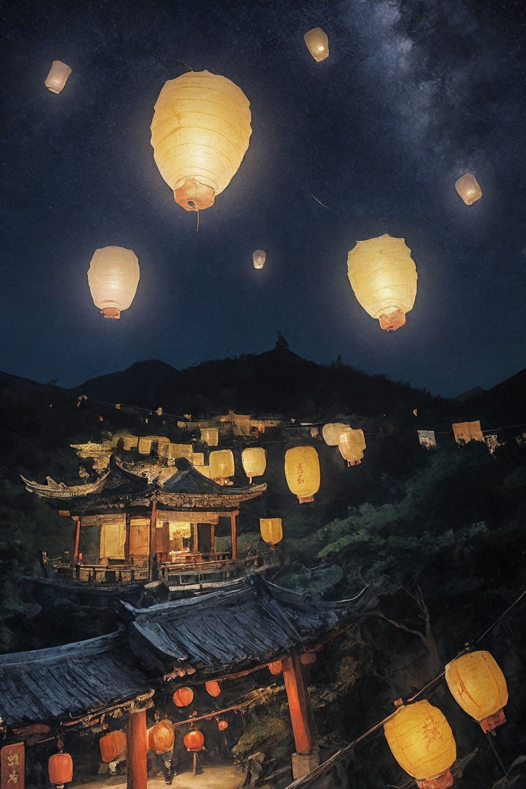 best quality,kongmingdeng in the sky, night, zhangdengjiecai