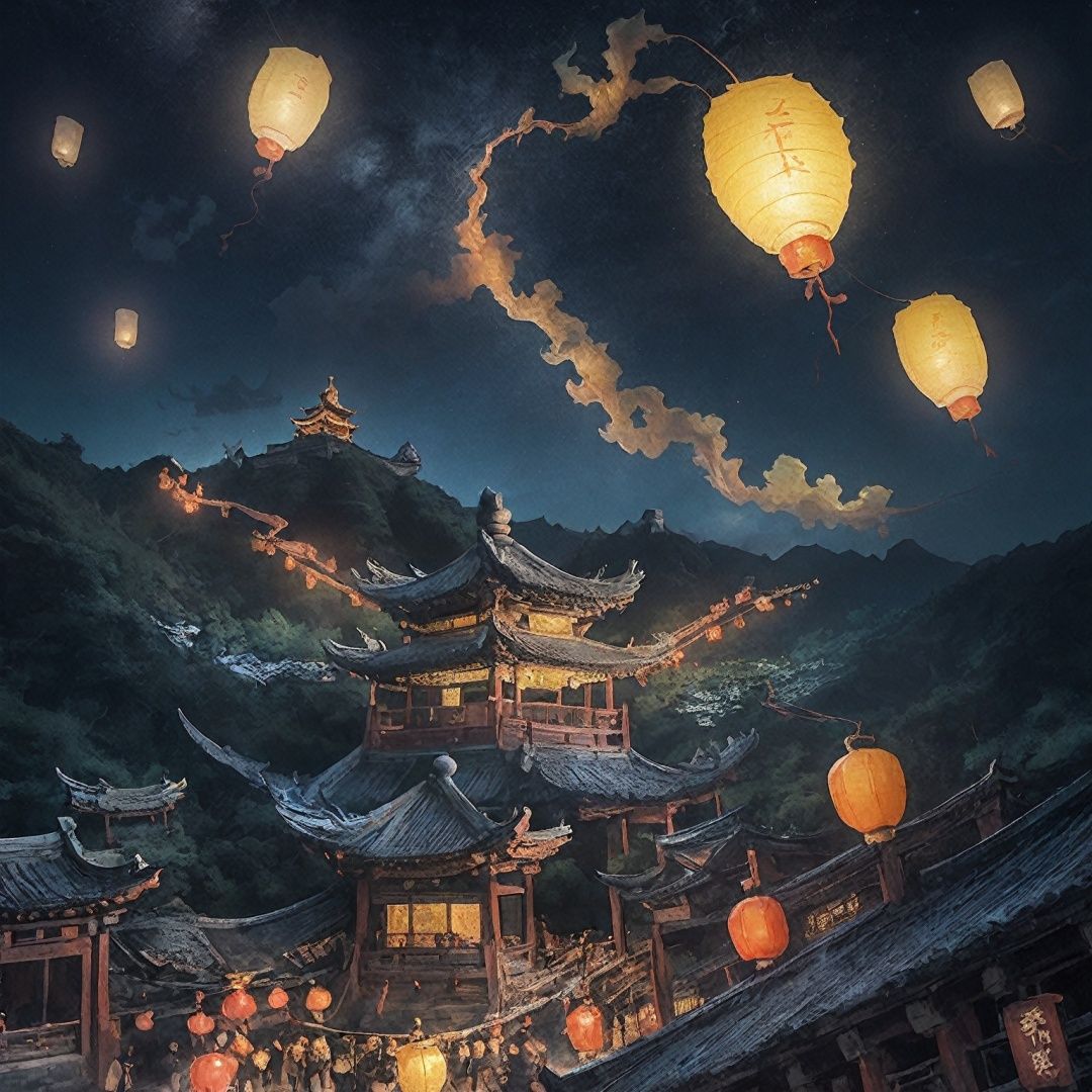 best quality,kongmingdeng in the sky, night, zhangdengjiecai, dragon on the sky