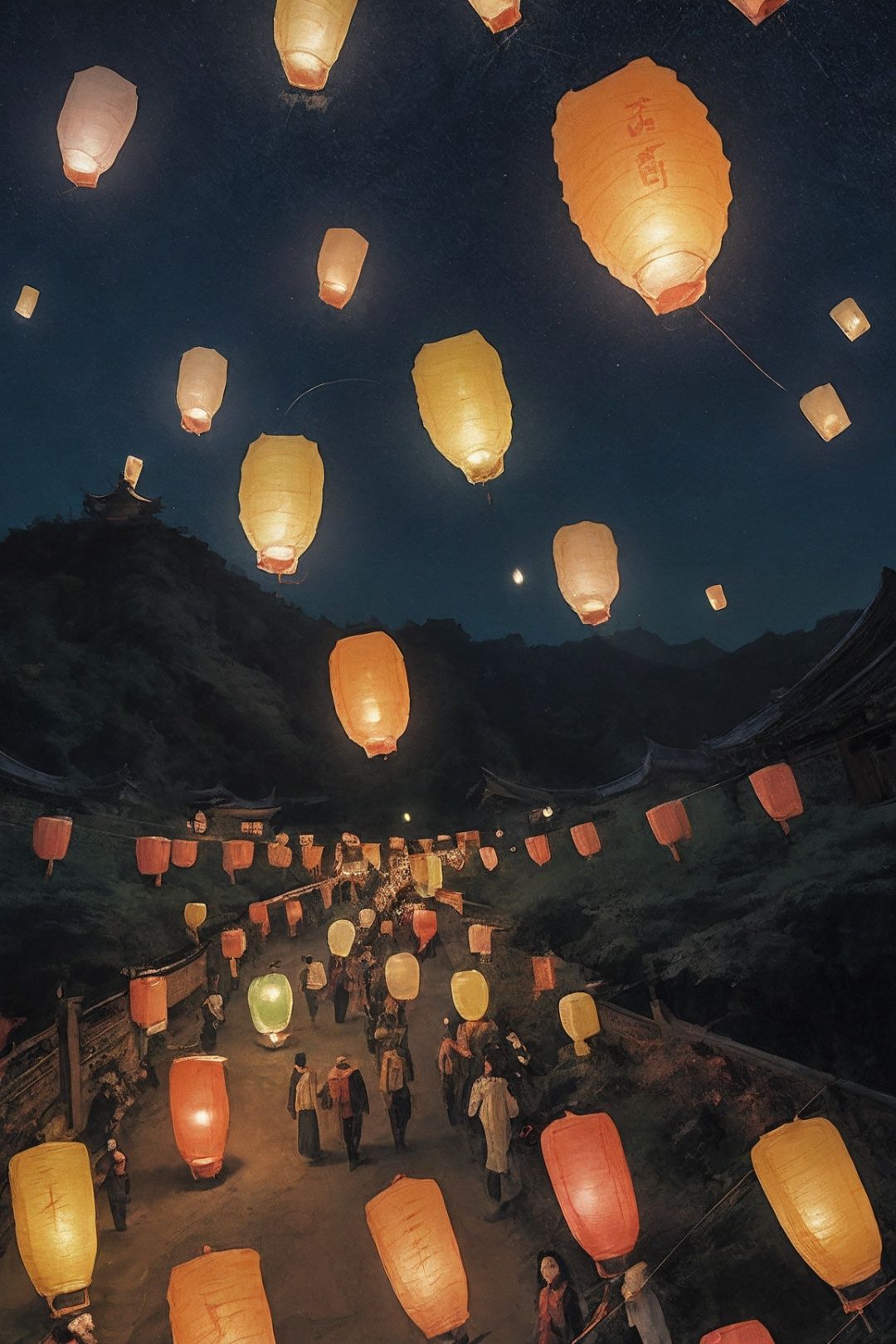 best quality,kongmingdeng in the sky, night, zhangdengjiecai, This photo is presented in a warm color tone, resembling the style of the famous photographer Steve McCurry. Under the tranquil night sky, the bright moonlight illuminates the scene where people are celebrating the festival. The close-up shot of the photo allows viewers to feel the enthusiasm and joy of releasing sky lanterns. In the sky, a graceful peacock soars, its feathers shining with colorful brilliance under the moonlight. People hold sky lanterns in their hands, smiling as they release them into the sky, creating a joyful atmosphere that permeates the entire image. Each person's posture is natural and genuine, exuding happiness and blessings. The surroundings are adorned with various decorations such as colorful lights and flower wreaths, adding to the festive ambiance. The use of depth of field makes the photo more three-dimensional, immersing viewers in the scene. Overall, this photo not only showcases the festivity of the holiday but also provides visual enjoyment through the imitation of Steve McCurry's style.