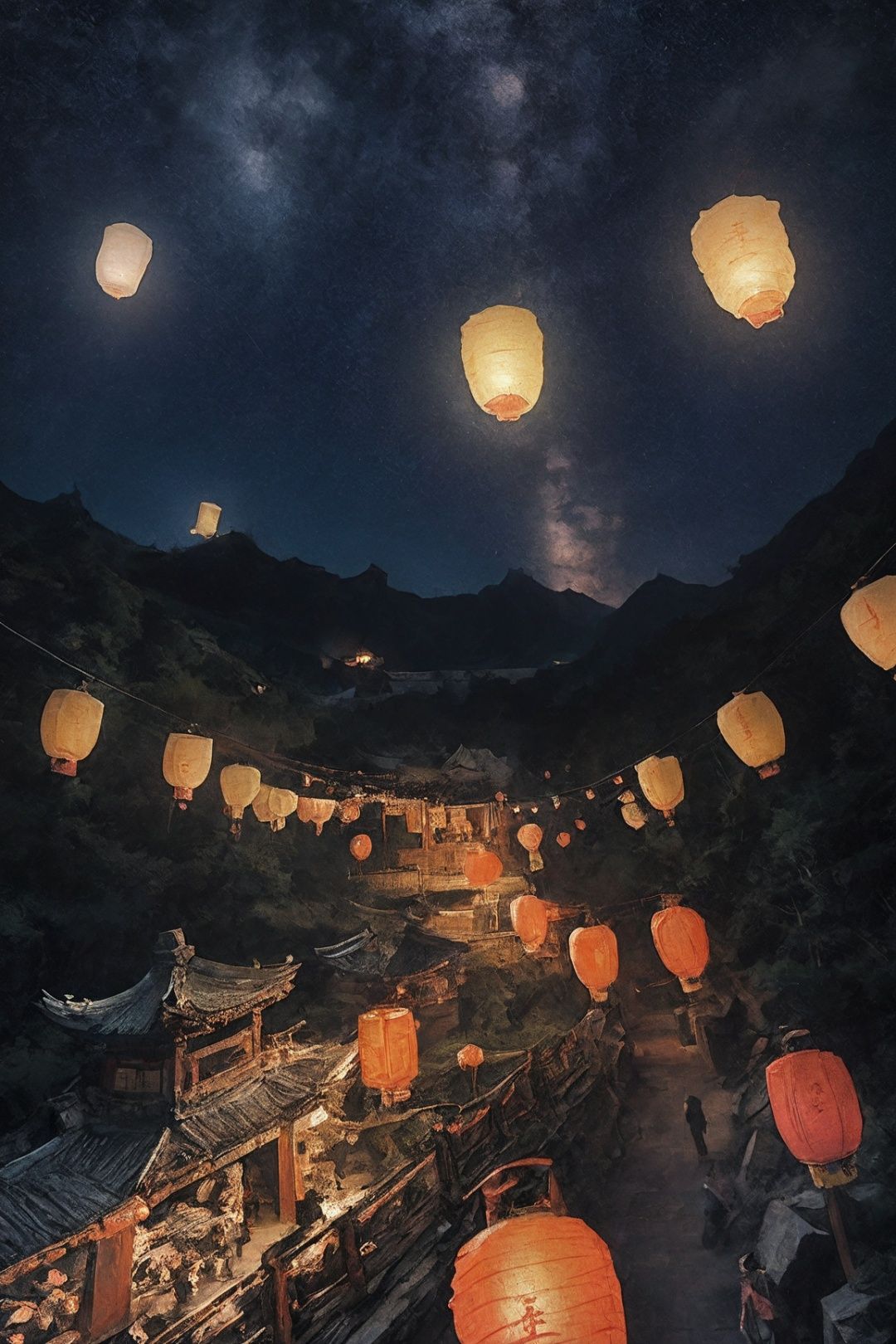 best quality,kongmingdeng in the sky, night, zhangdengjiecai