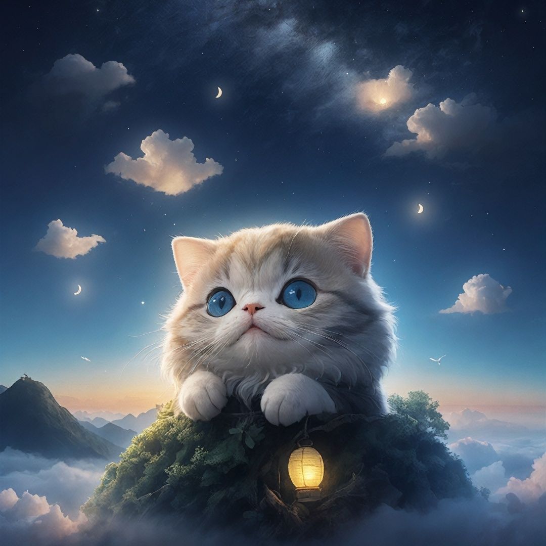 best quality,cute animal, kongmingdeng in the sky, night, zhangdengjiecai, cat on the sky