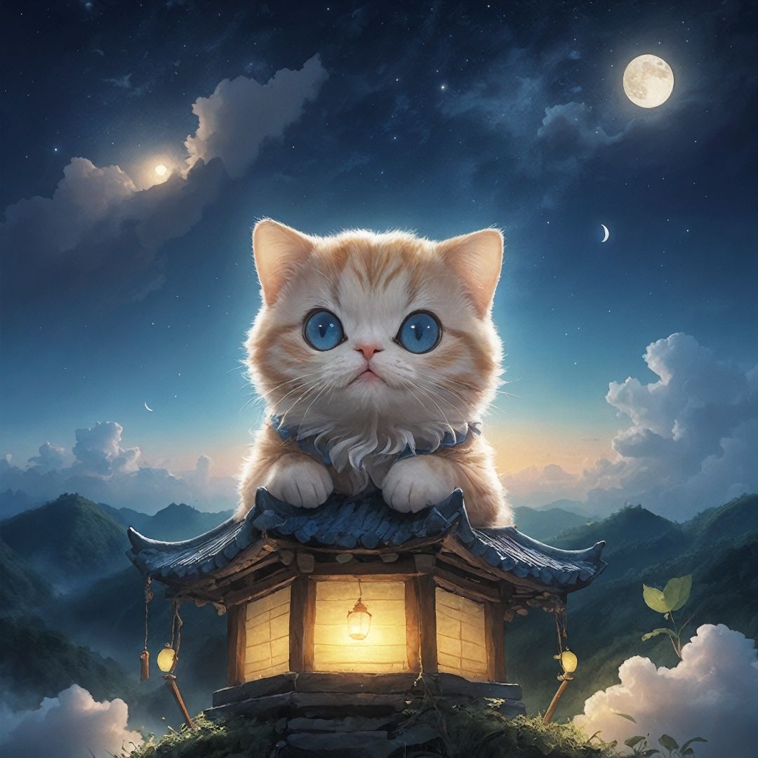 best quality,cute animal, kongmingdeng in the sky, night, zhangdengjiecai, cat on the sky