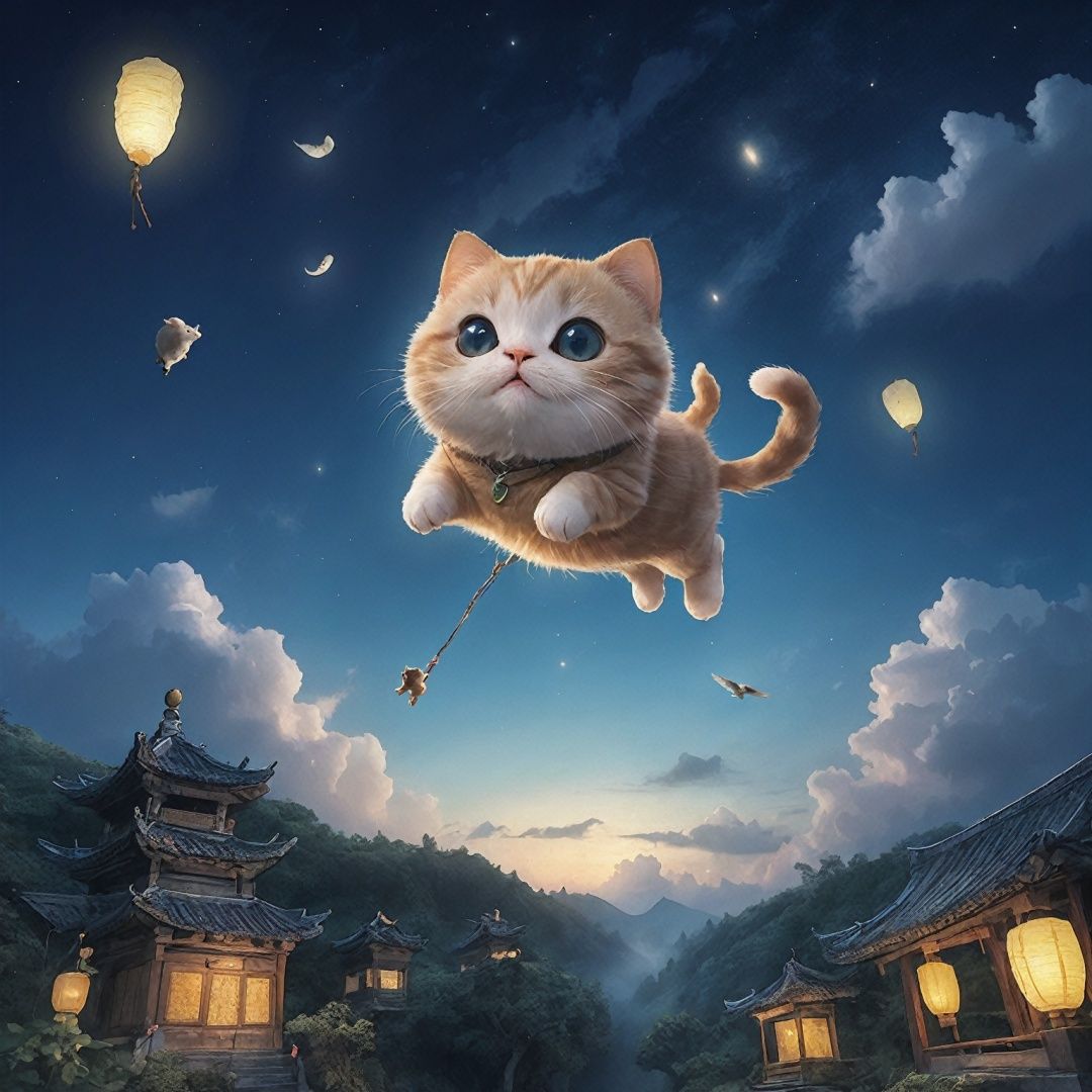 best quality,cute animal, kongmingdeng in the sky, night, zhangdengjiecai, cat on the sky