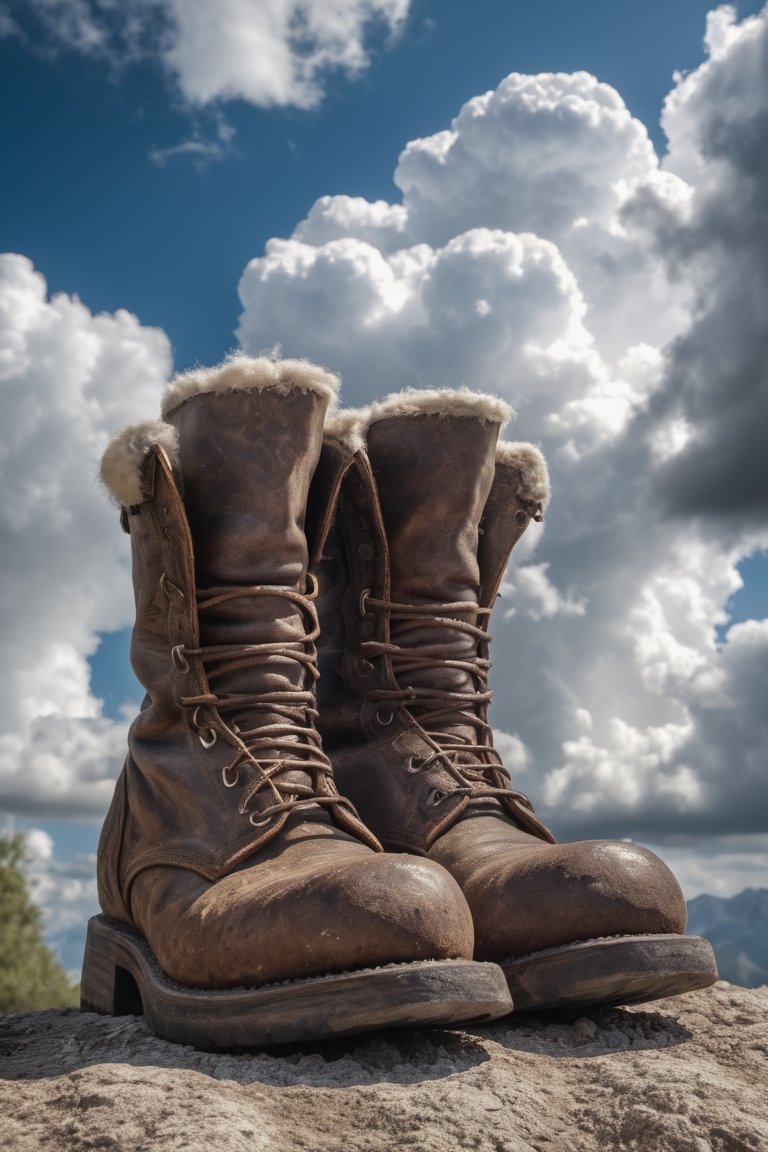hyper detailed photograph of an old ancient pair of boots underneath fluffy clouds in sky,  daytime,  |photographic on Ten...