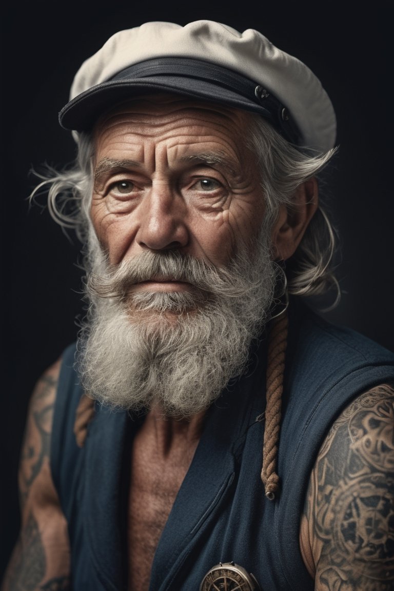 Hyper detailed photograph of a captivating portrait of a wise and weathered old sailor,  adorned with nautical tattoos and...