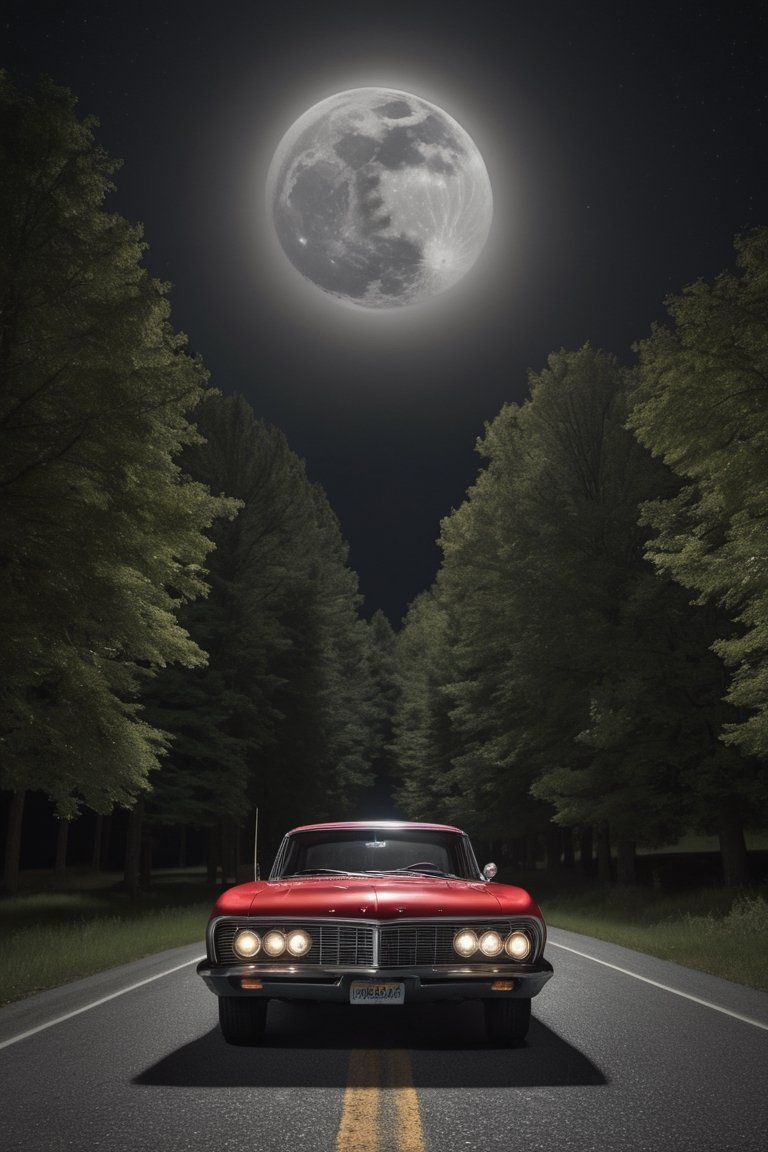 hyper detailed photograph of an old retro 60's car driving underneath a huge detailed full circular moon,  stars in sky,...