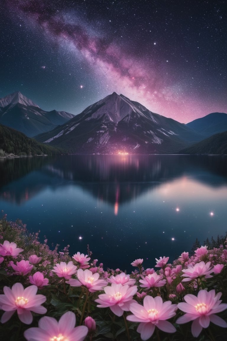 a lake with a mountain in the background and a night sky filled with stars above it and a few pink flowers in the foregrou...