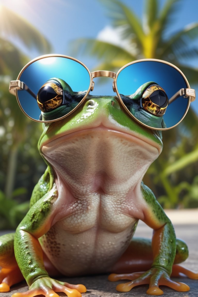 hyper detailed photograph of a frog wearing sunglasses under a tropical sky,  daytime,  |photographic on Tensor.Art