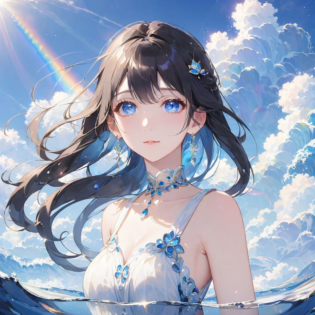 (((masterpiece))),(incredibly_absurdres),(best quality),(highres),(highly detailed),((CG unity 8k wallpaper)),(sketch),((an extremely delicate and beautiful girl)),(delicate face),(beautiful detailed eyes),(blue eyes),sharp_eyes,black_straight_hair,meidum_breast,((floating hair)),long hair,(air bangs),(white sleeveless short dress),chocker,delicate earrings,gemstone decoration,bracelet,(elegant),faint smile,looking at viewer,(standing on water),dynamic pose,arms behind back,upper body,focus on face,((close up)),(on the center of the ocean),delicate beautiful sky with cirrocumulus,((beautiful detailed water splash)),(The sky and cloud reflections on water),(water wave),((dynamic angle)),rainbow,sunny,((Blend of water and sky)),center frame,(sidelight),((cinematic light)),((lens_flare)),(Light reflection),(refined rendering),((high saturation))